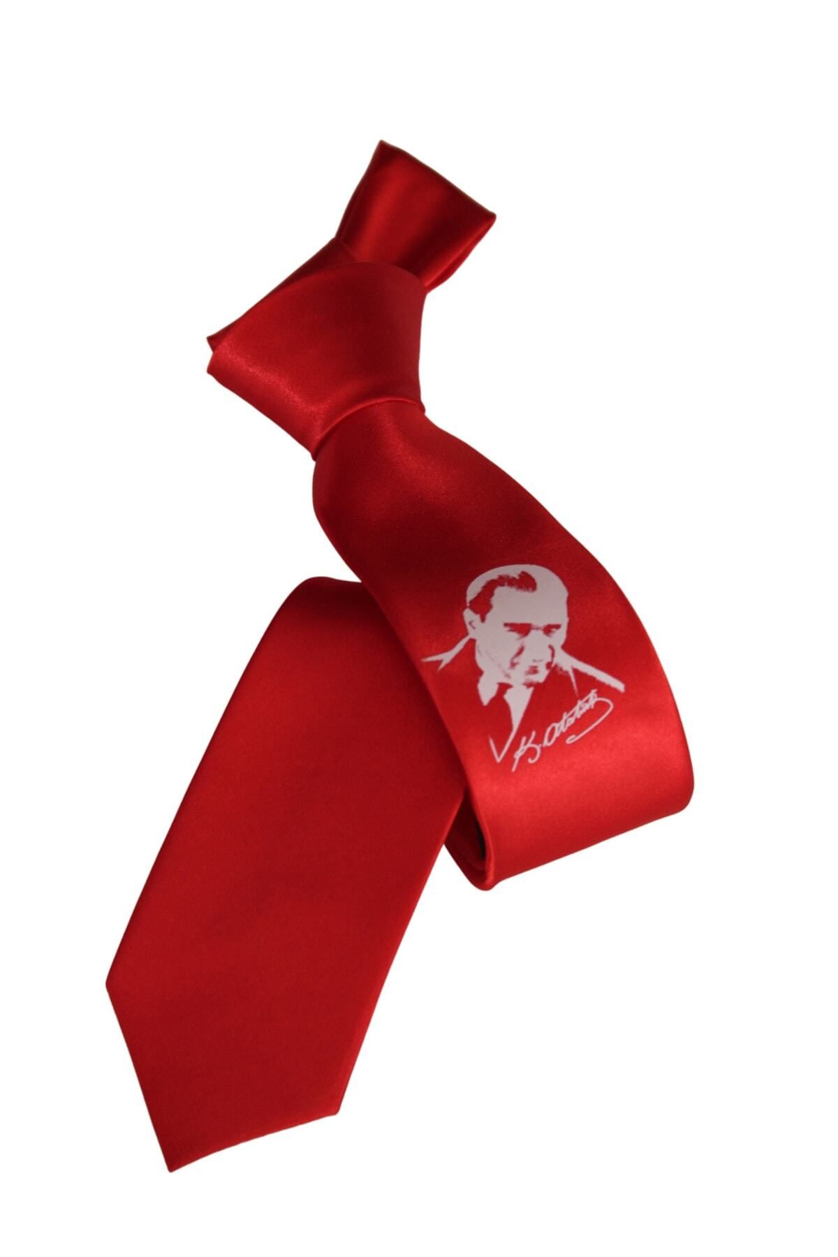 Elegante Cravatte Atatürk Baskılı Kırmızı Saten Kravat