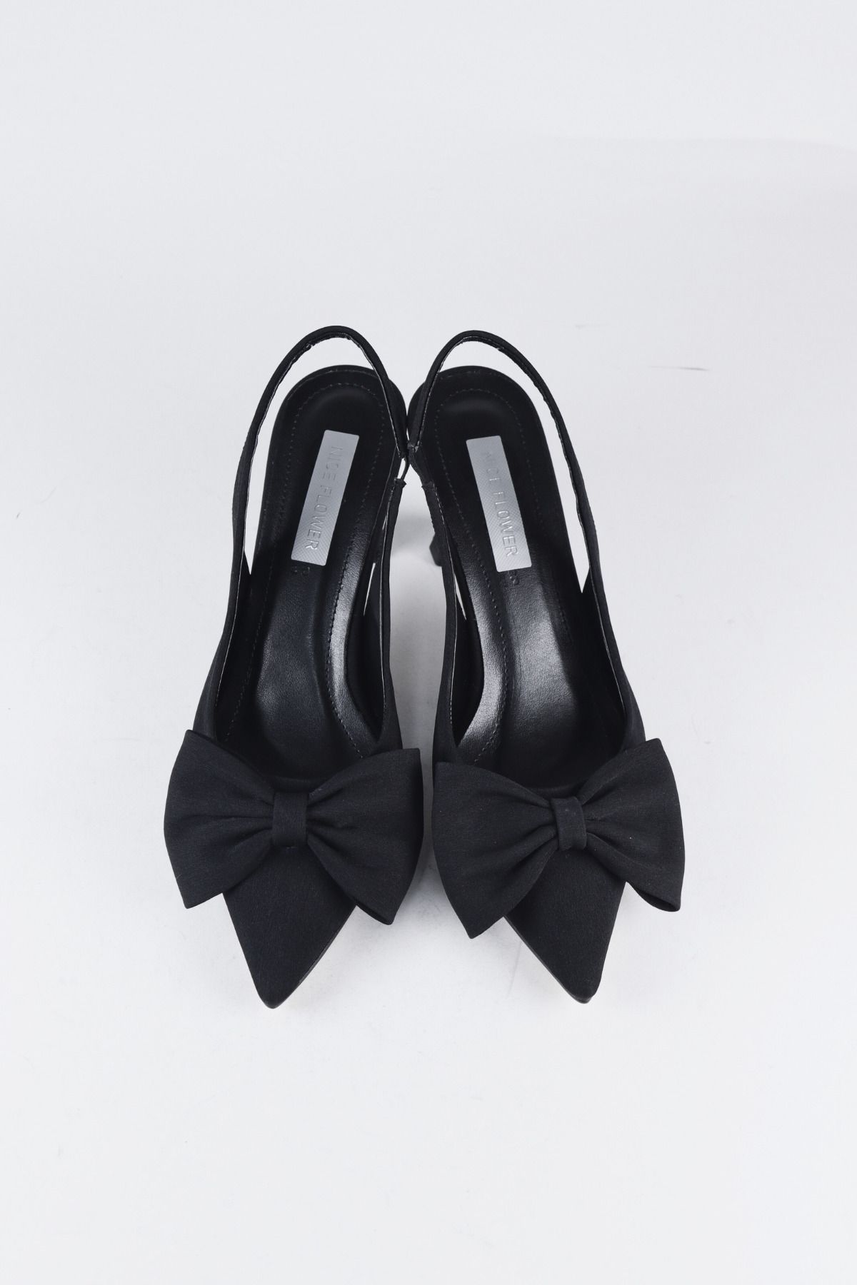 NiceDiffer Kadın Fiyonk Abiye Siyah Kumaş Topuklu Ayakkabı 7cm Topuklu
