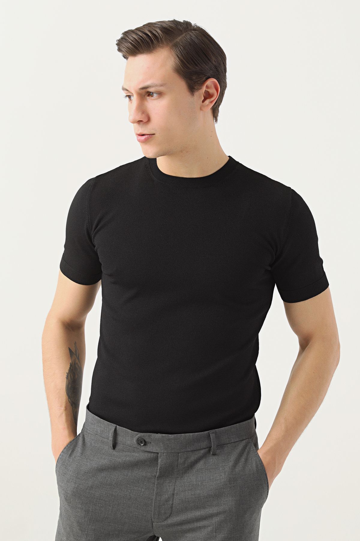 TWN Slim Fit Siyah Düz Örgü Rayon Örme T-shirt