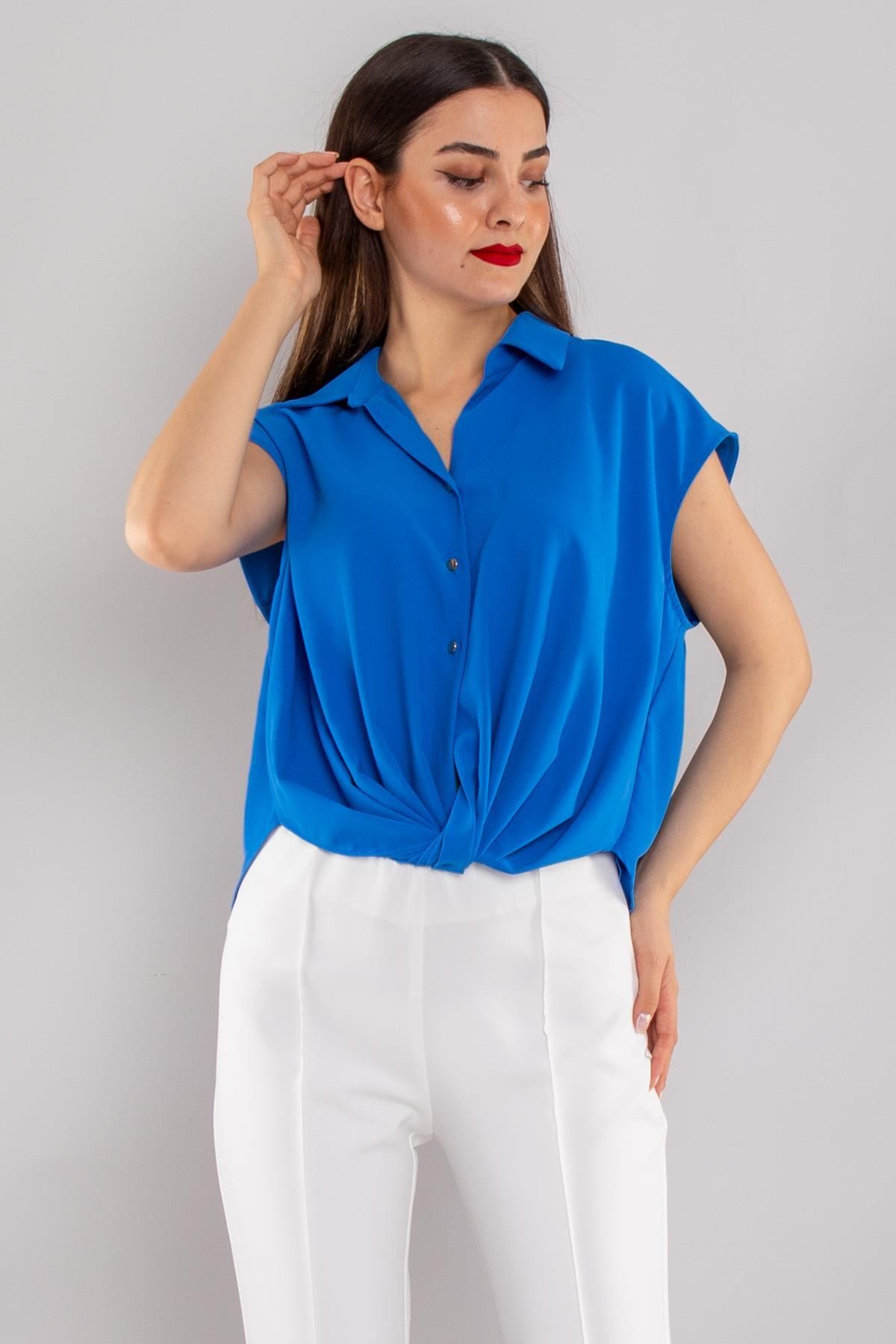 Ayhan 81815 Eteği Büzgülü Kolsuz Düğmeli Kısa Krep Kadın Bluz