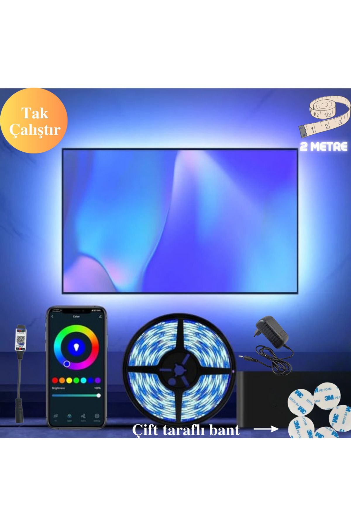 neeko Tv Arkası - Yatak Odası- Çocuk Odası- Mutfak - Rgb Şerit Led Telefon Kontrollü  Tak Çalıştır 2 Metre