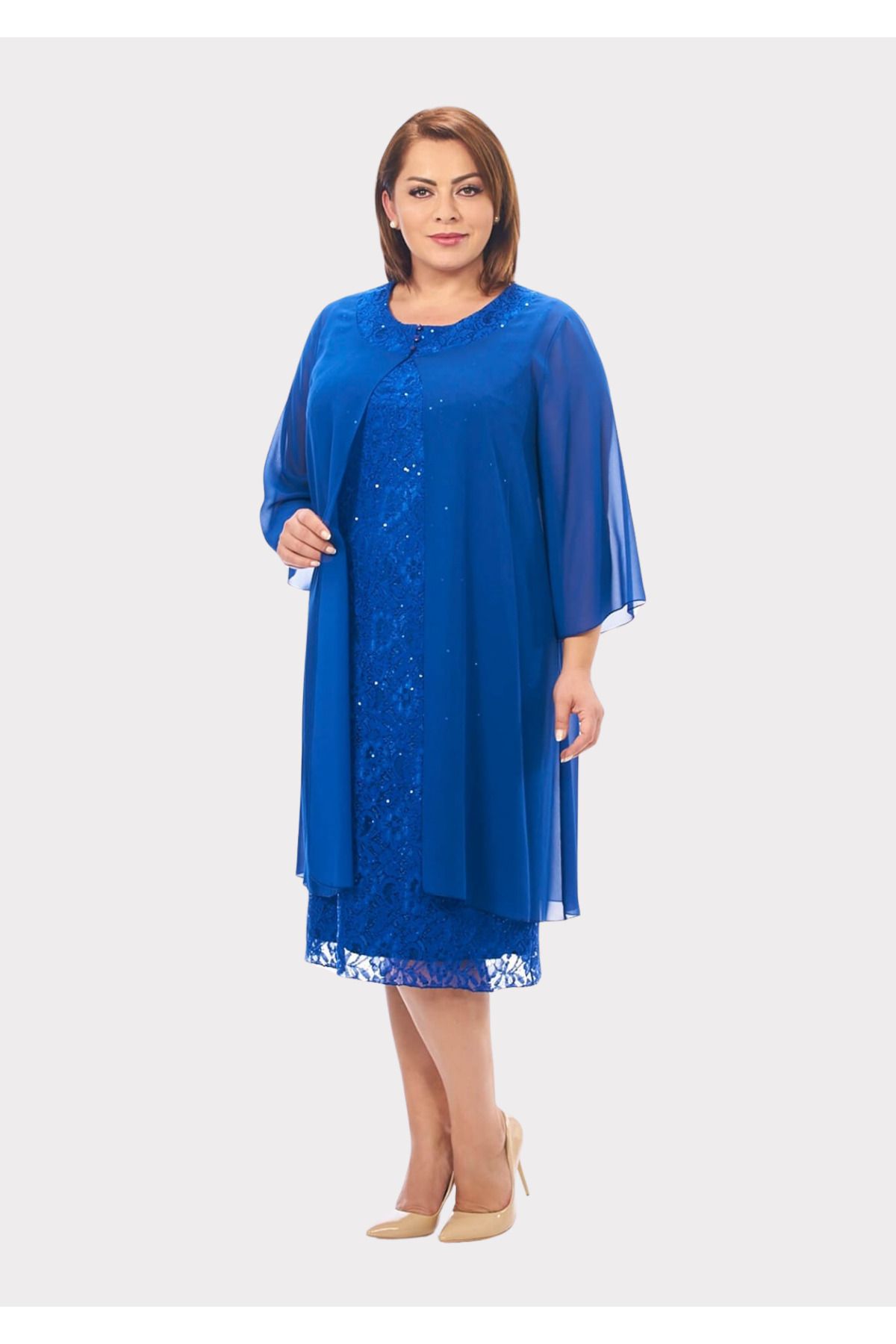 LİLAS XXL Büyük Beden Saks Mavisi Renkli Dantelli Dantelli Şifon Ceketli Abiye Elbise