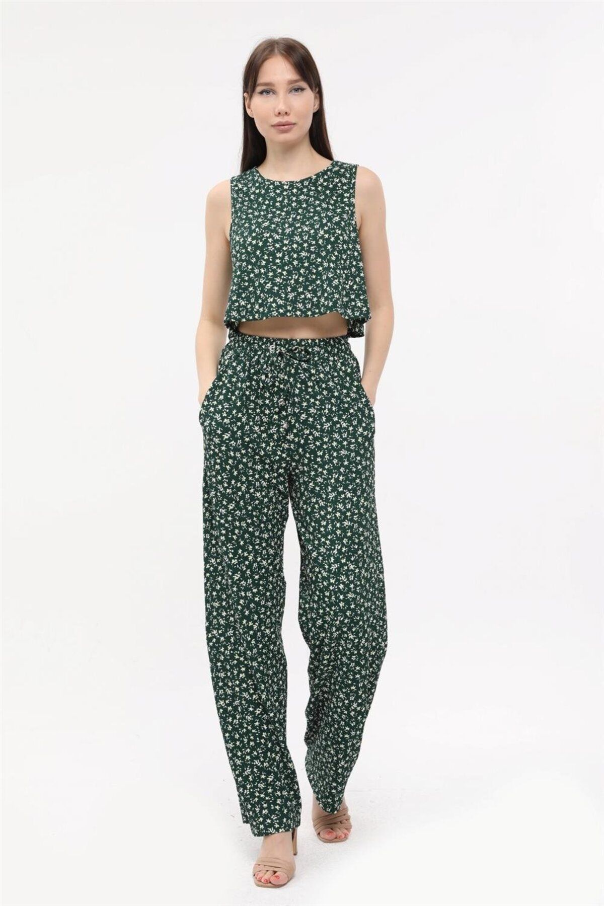 Home Store Pantolon Desenli Beli Bağcıklı - Nefti Yeşil