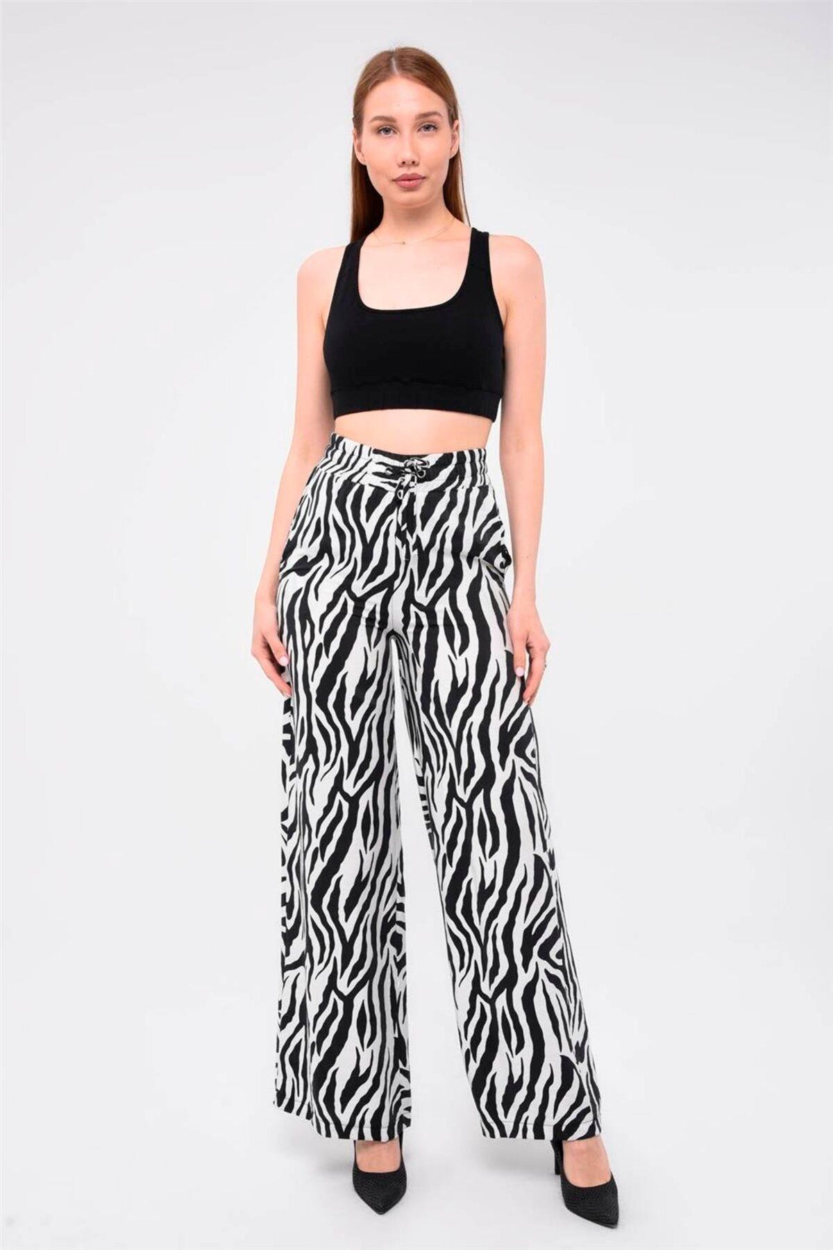 Home Store Pantolon Zebra Desenli Bağcıklı 2 Cepli Geniş Kesim - Siyah-beyaz