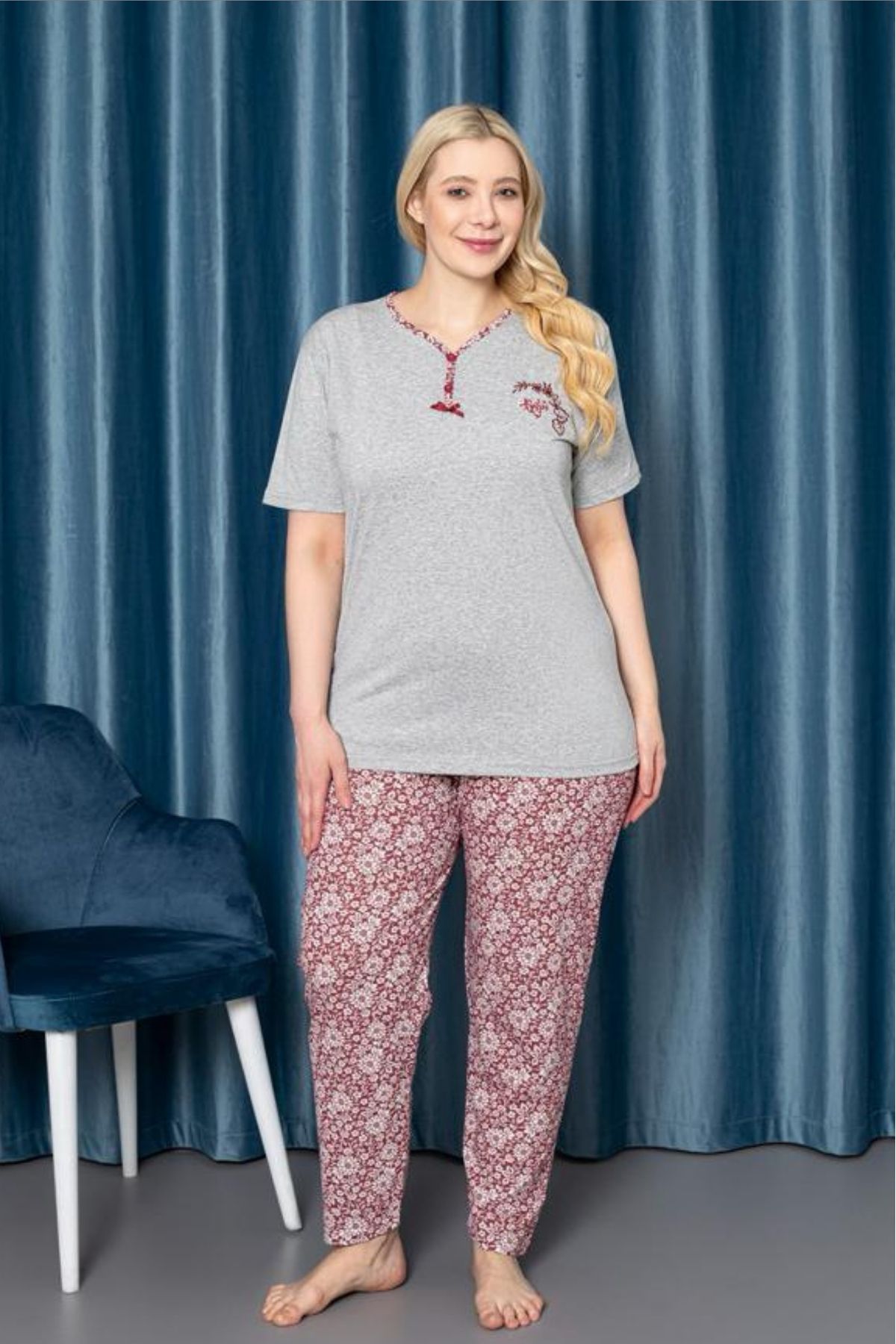 Farya Home X-Dreamy Büyük Beden Pamuklu Düğmeli Yaka Kısa Kollu Pijama Takımı