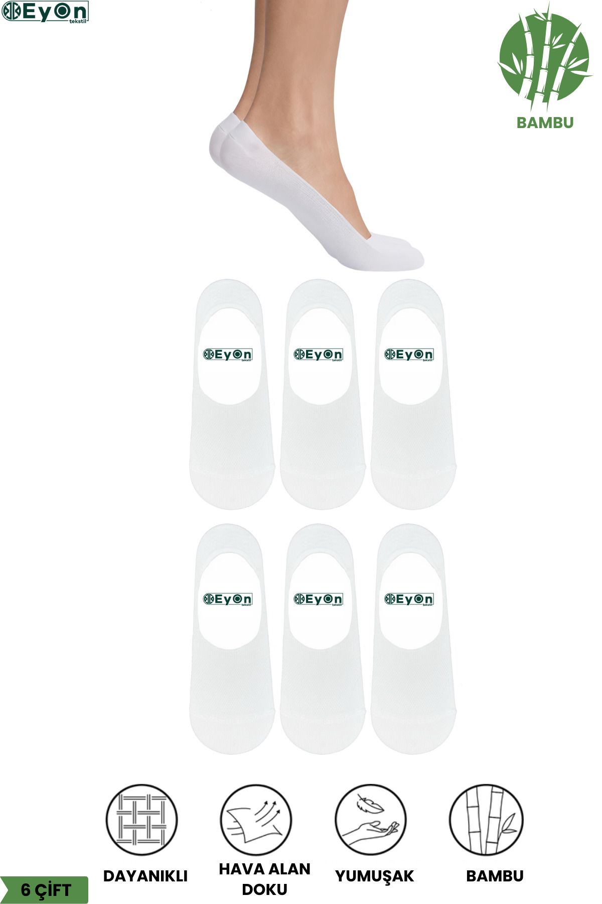 EYON SOCKS Bambu Kadın Beyaz Babet Çorap Dikişsiz Kaydırmaz Silikonlu Topuk 6'lı Paket