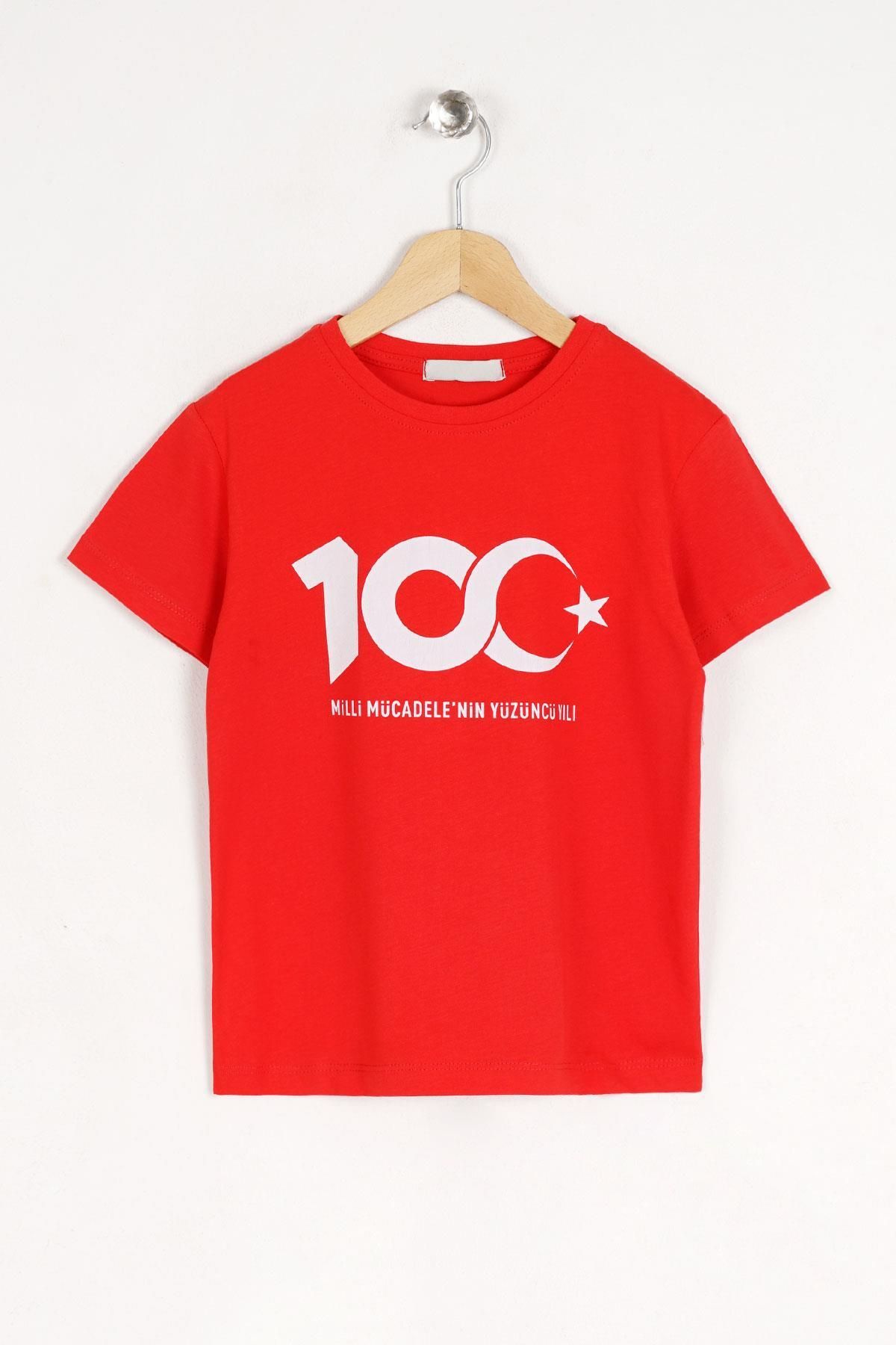 zepkids Bisiklet Yaka Kısa Kol Mıllı Mucadelenın 100 Uncu Yılı Baskılı Kırmızı Renk Tshirt