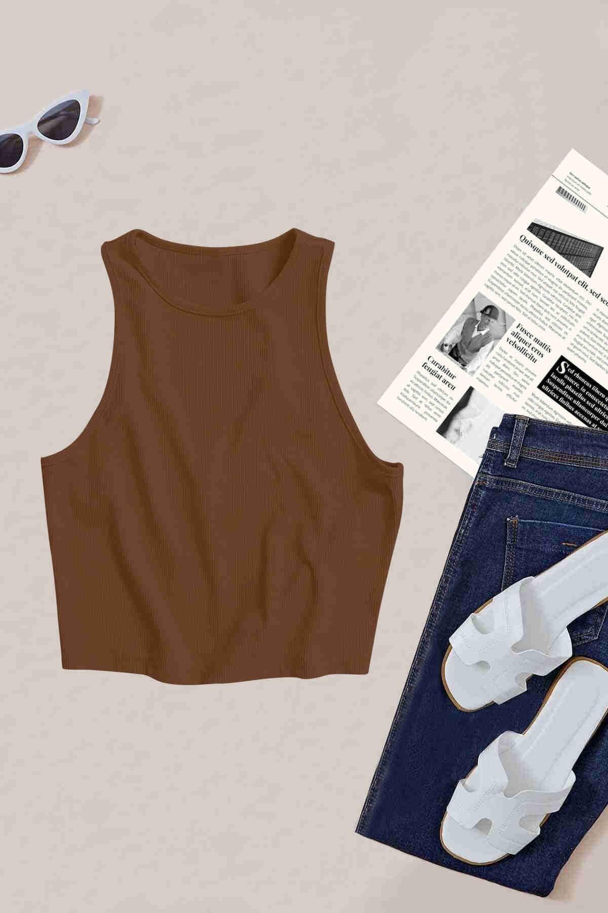 Merry See Espontane-adult Tek Renk 1 Adet Kadın Kolsuz Örme Kumaş Bluz Crop Kahverengi