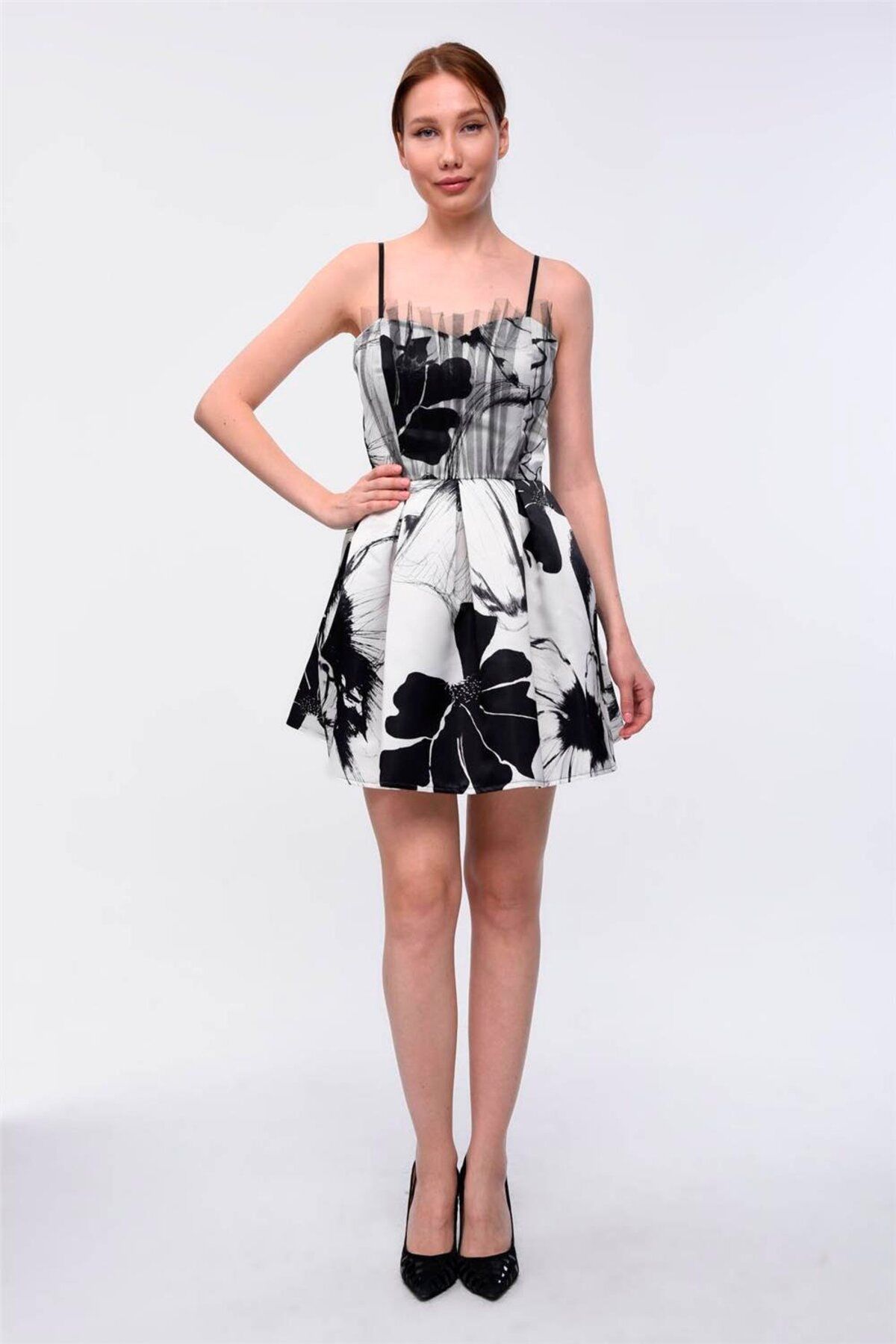 Home Store Elbise Straplez Desenli Tül Parçalı Sütyen Askılı - Siyah-Beyaz