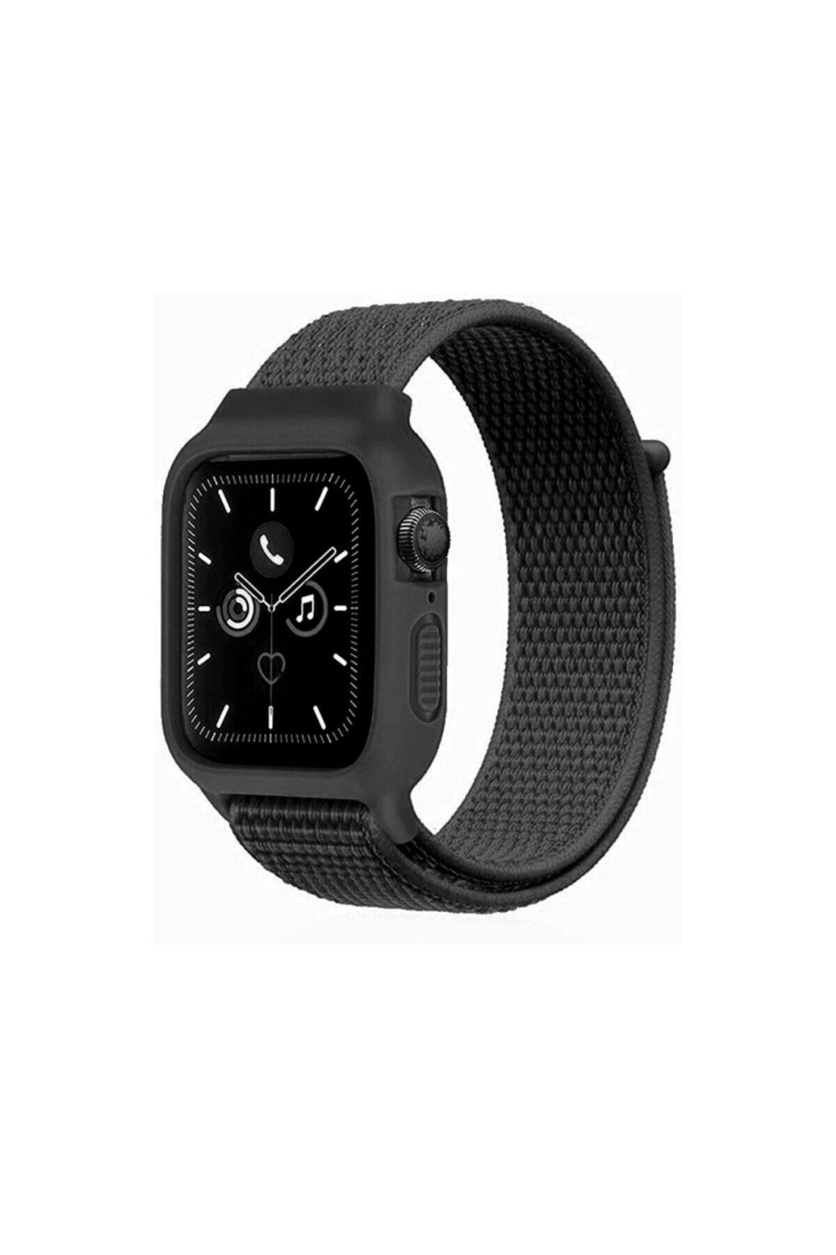 Astra Market Apple Watch 40mm Hasırlı Cırtcırtlı Kasalı Kordon - Ürün Rengi : Siyah-Gri - Lisinya