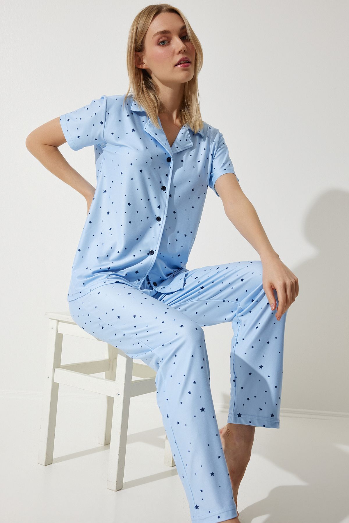 Happiness İstanbul Kadın Gök Mavi Desenli Gömlek Pantolon Örme Pijama Takımı FP00001