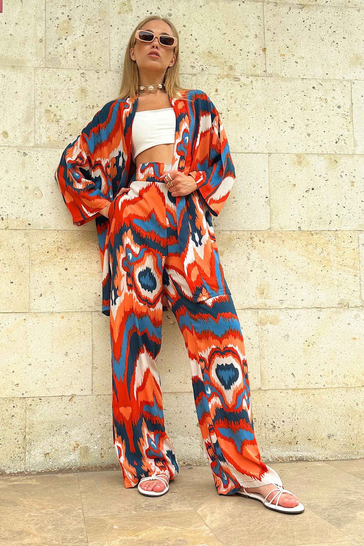 Trend Alaçatı Stili Kadın Kiremit Desenli Kimono Ceket Ve Dokuma Palazzo Viskon Takım ALC-X12131