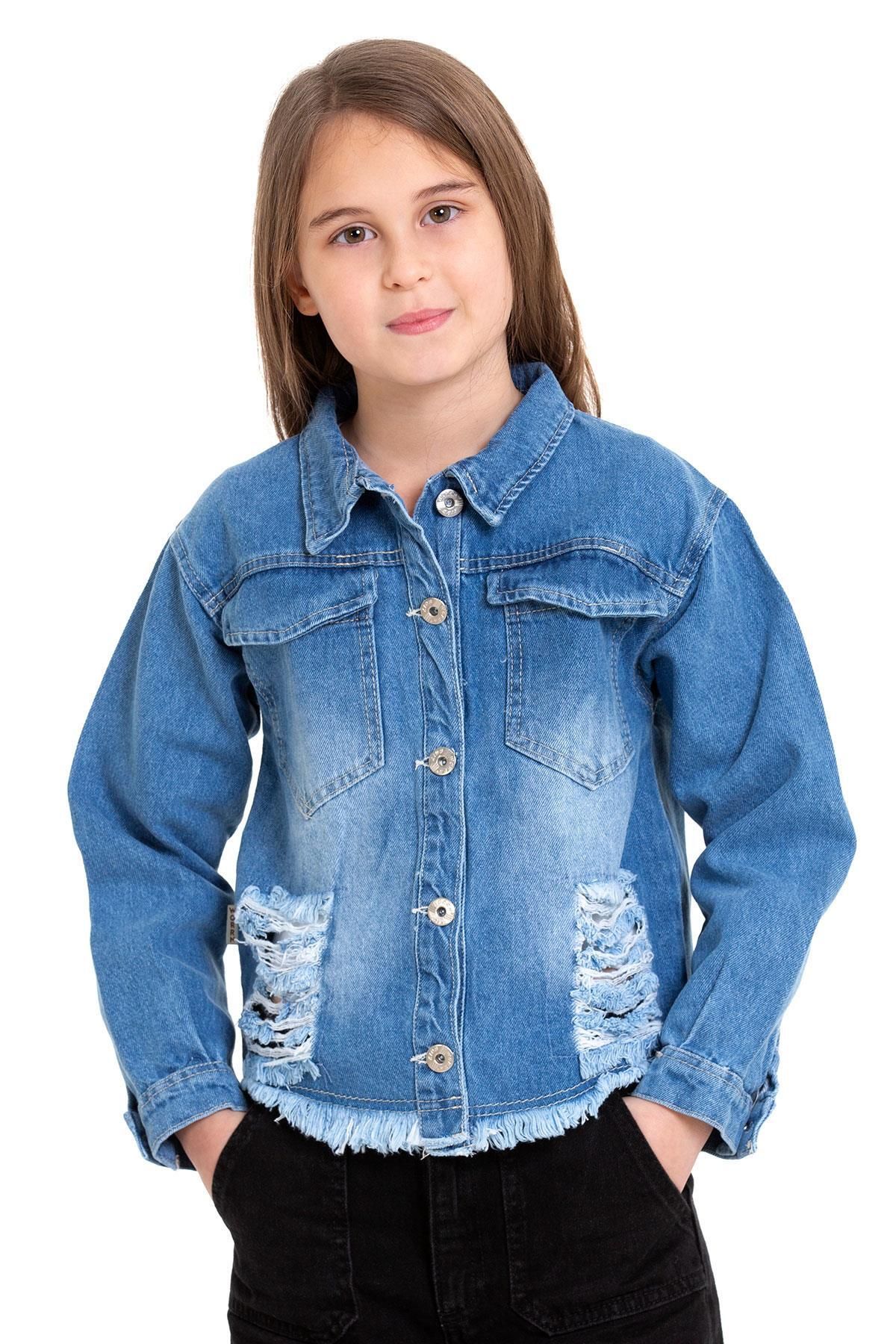 zepkids Gomlek Yaka Uzun Kol Sırt Kısmı Kelebek Nakıslı Mavi Renk Kız Çocuk Jean Ceket
