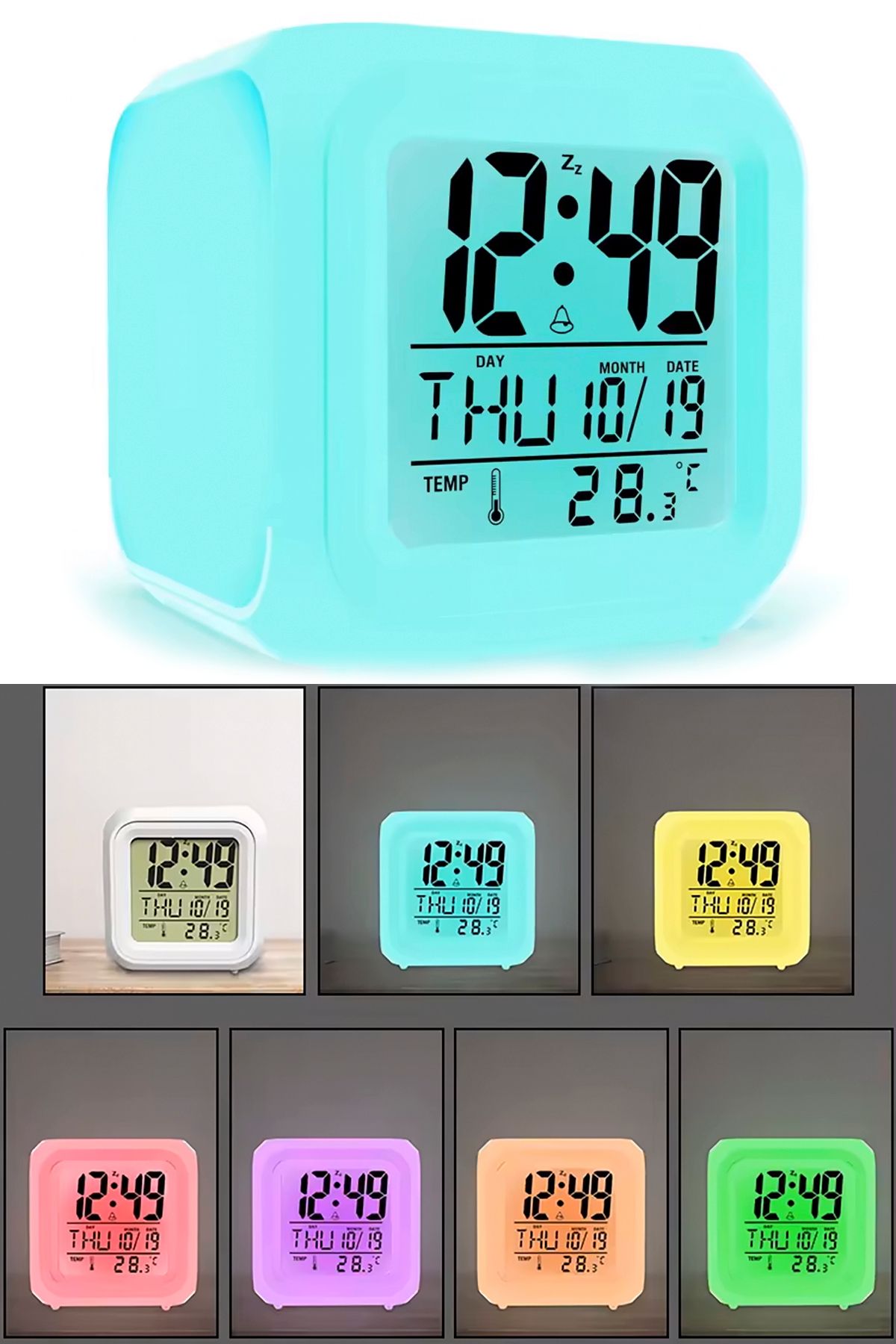 TechnoStation Ev Ofis Masa Saati 7 Renk Değiştiren Dijital Küp Alarmlı Çalar Saat Gece Lambası Takvim
