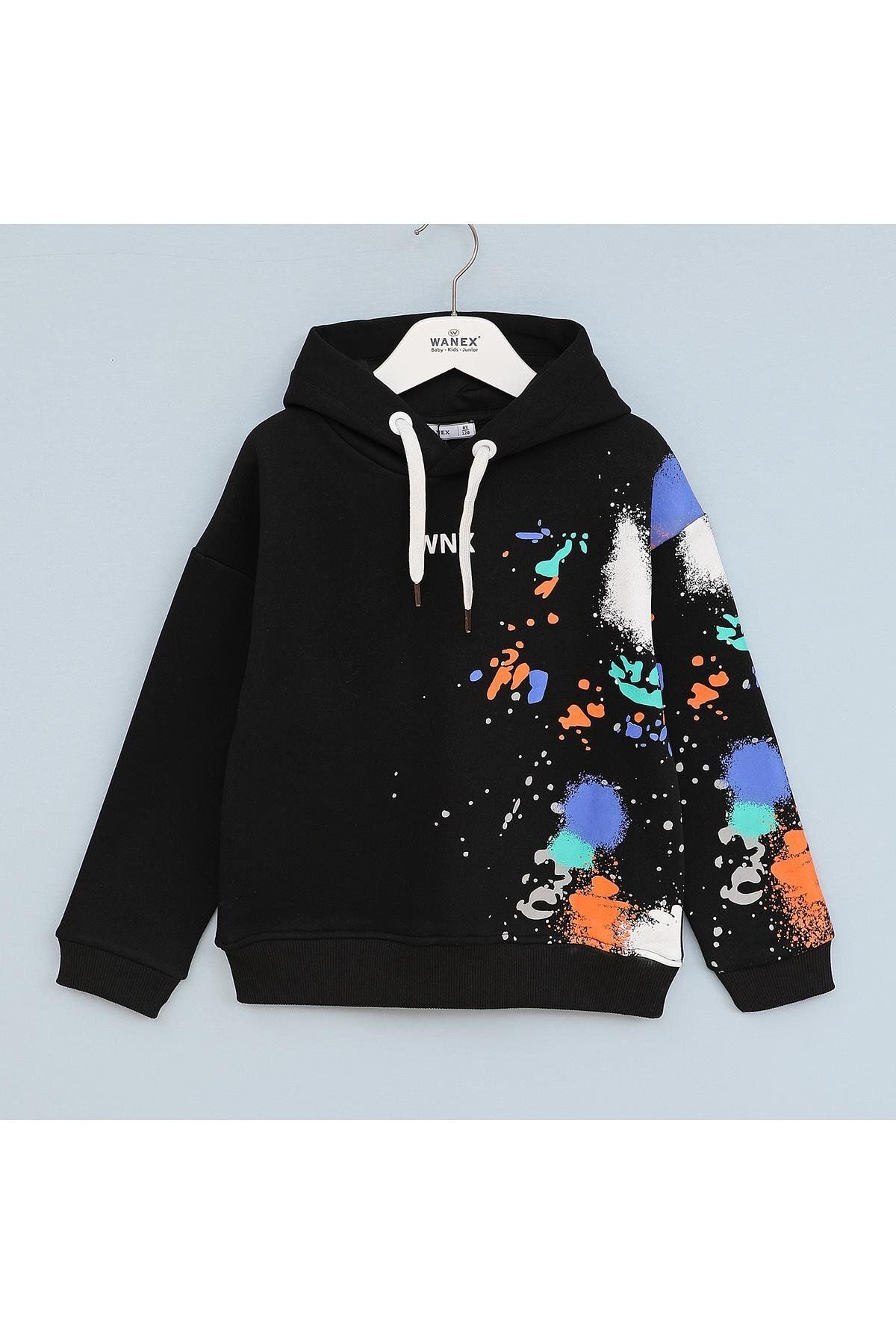 WANEX Erkek Çocuk Uzun Kol Şardonlu Kapüşonlu Renkli Baskılı Sweatshirt - 1673511 - Siyah