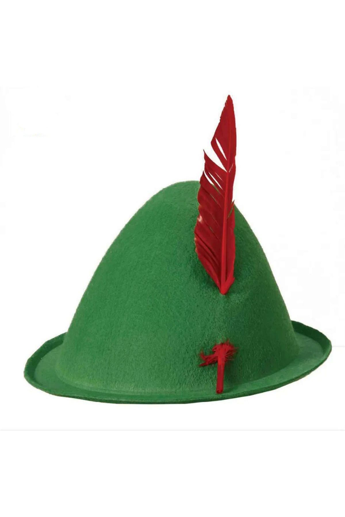 Genel Markalar Yeşil Renk Kırmızı Tüylü Peter Pan Şapkası Robin Hood Şapkası 24X23 cm