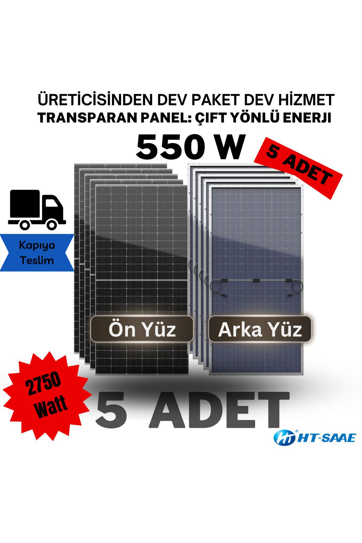 HT-SAAE Ht72-18x Çift Yönlü Transparan 550 Watt Güneş Enerji Paneli Half-cut Yüksek Verimli 5 ADET