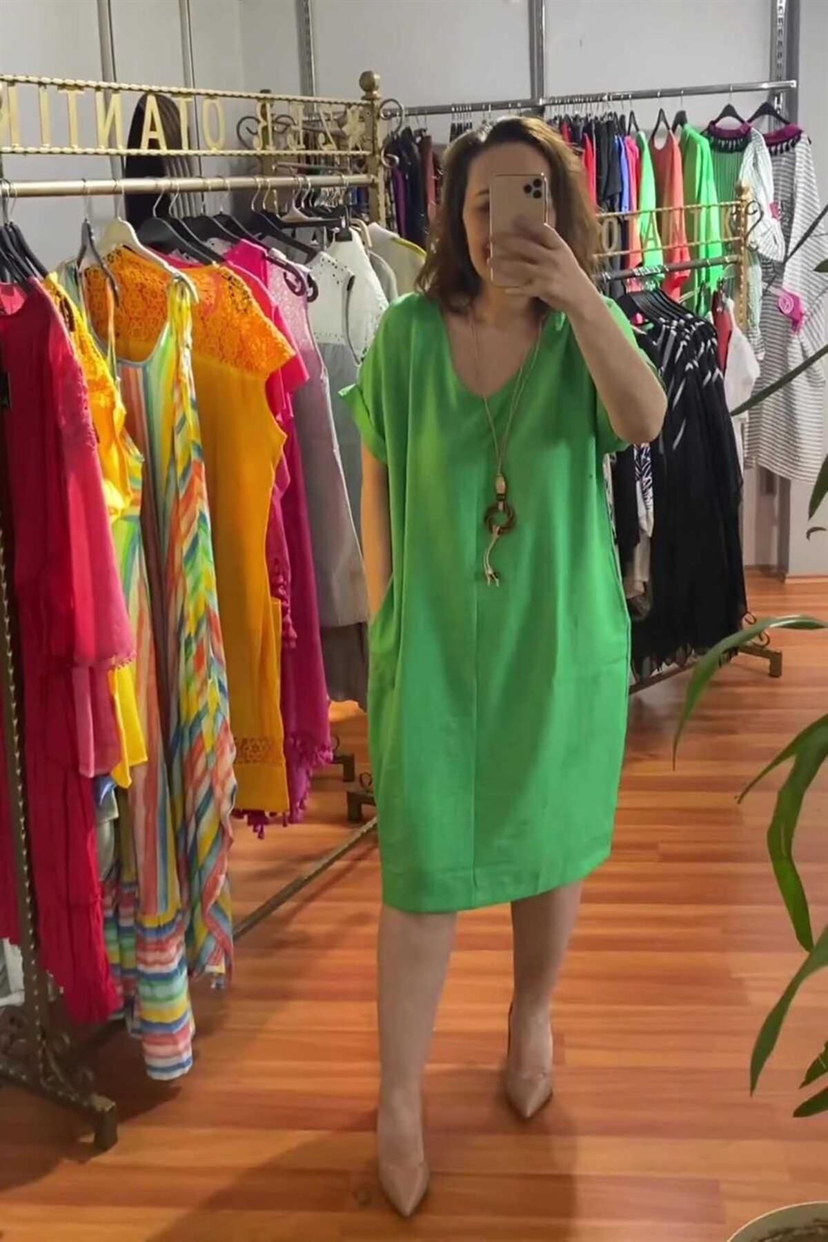 Zer Otantik Kolyeli Büyük Beden Keten Ayrobin Elbise Yeşil