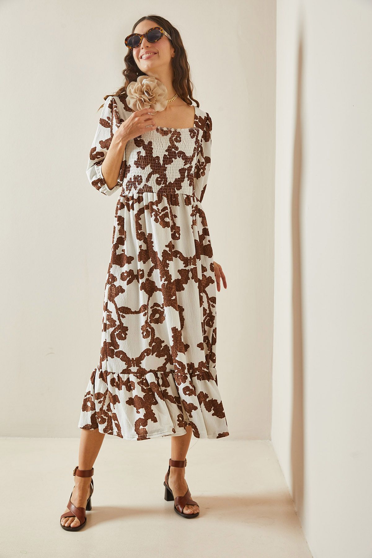 XHAN Kahverengi Desenli Gipe Detaylı Etek Ucu Fırfırlı Örme Elbise 5YXK6-48509-18
