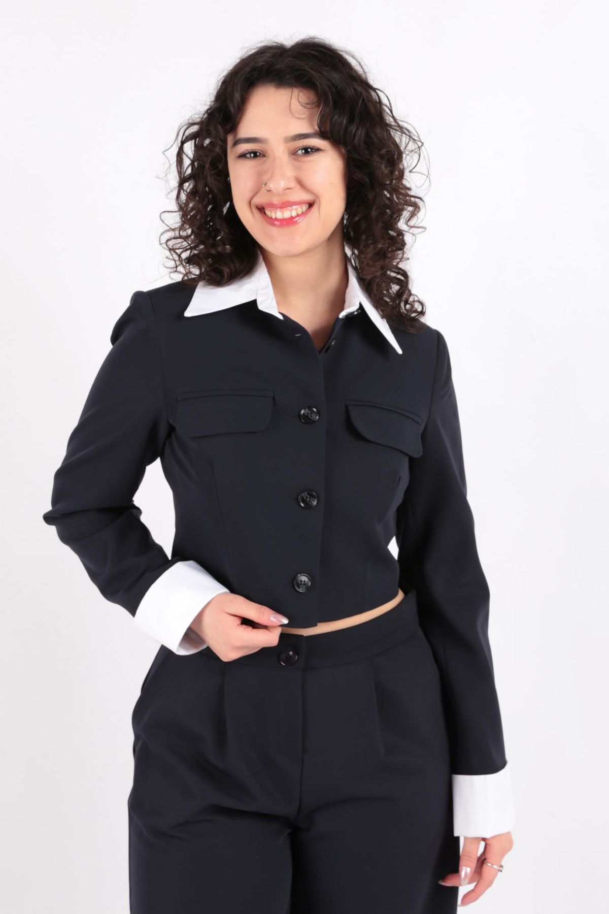 Puane Soul 31606 Kadın Gömlek Yakalı Crop Blazer Ceket Ss