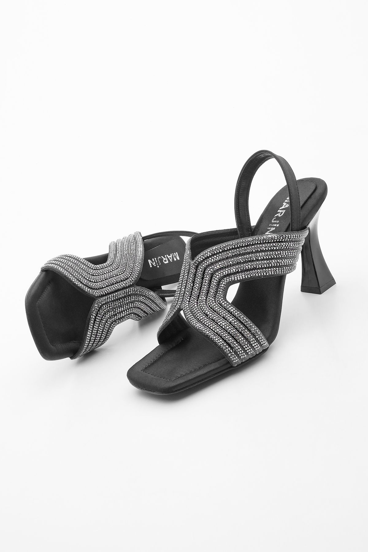 Marjin Kadın Taşlı Arkası Açık Atkılı Abiye Topuklu Ayakkabı Veltes Siyah
