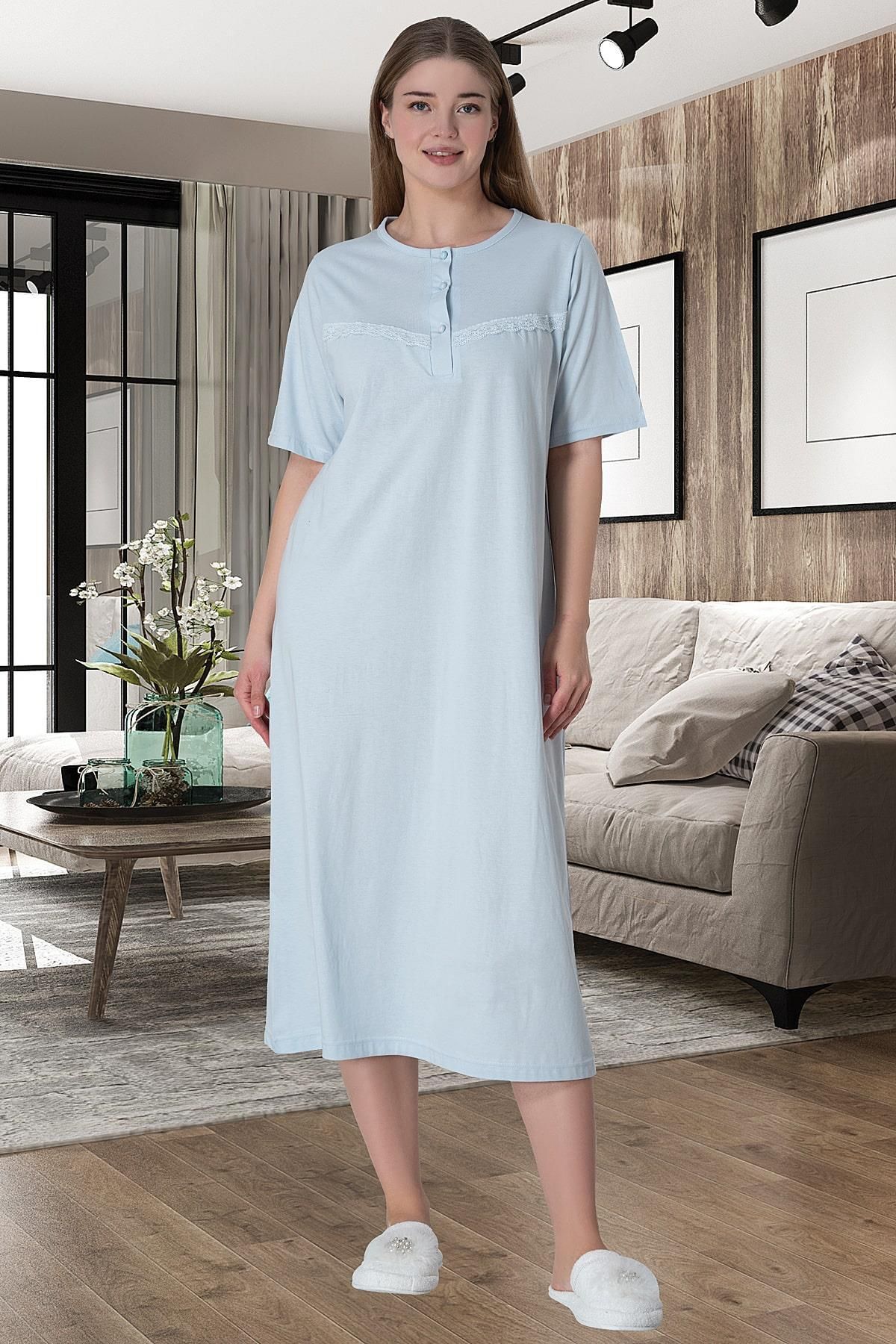 Pijamadam Kadın Mavi Büyük Beden Pamuklu Gecelik