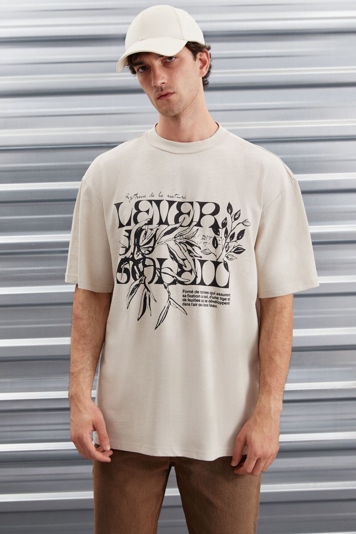 GRIMELANGE Trae Erkek Regular Fit %100 Pamuk Baskılı Bej T-shirt