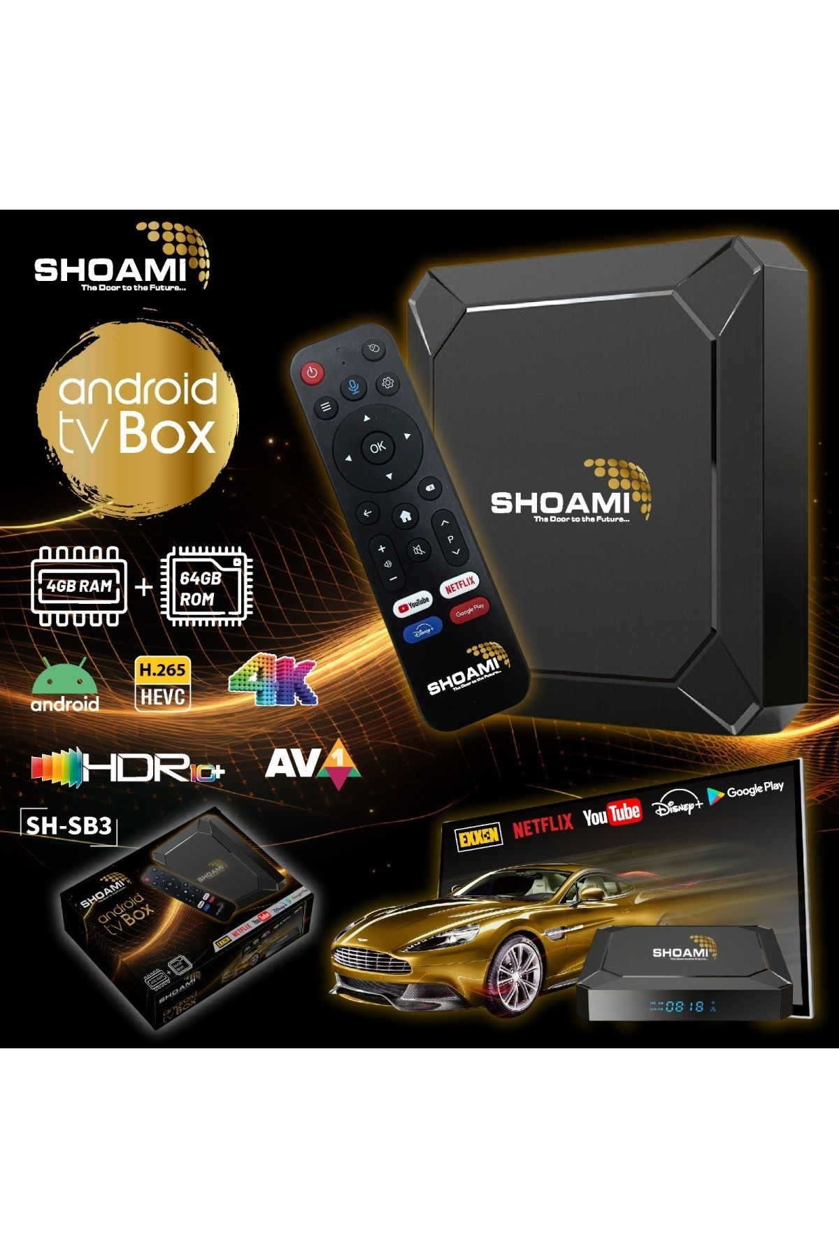 Genel Markalar Shoami SH-SB3 4K 4GB/64GB Mediabox Sesli Komut Kumanda Android HD TV Box MyBox Netflix Youtube