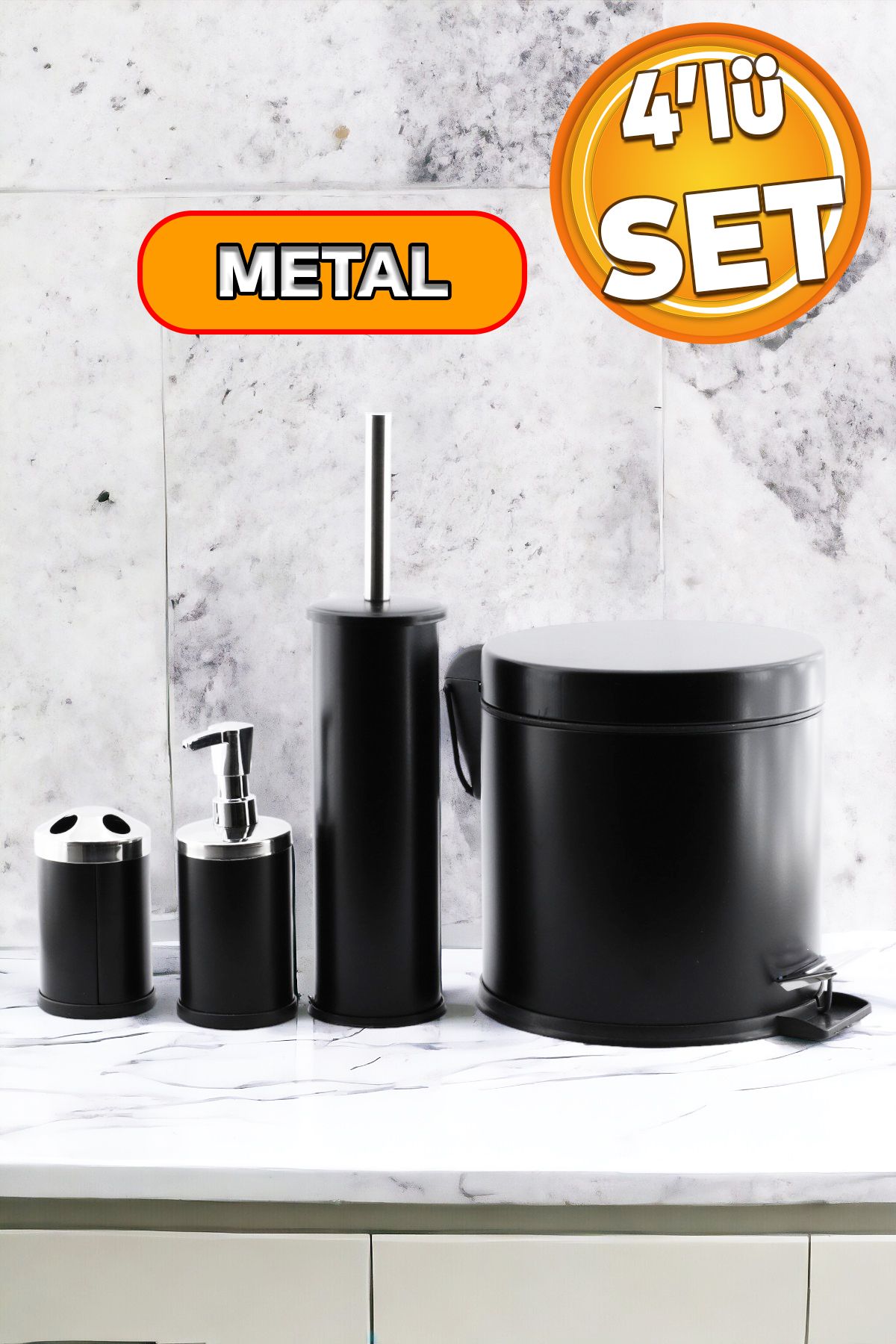 Badem10 Ev Ofis WC Banyo Siyah Renk Metal 4'lü Set Sabunluk Fırça Diş Fırçalık Pedallı Çöp Kova Seti