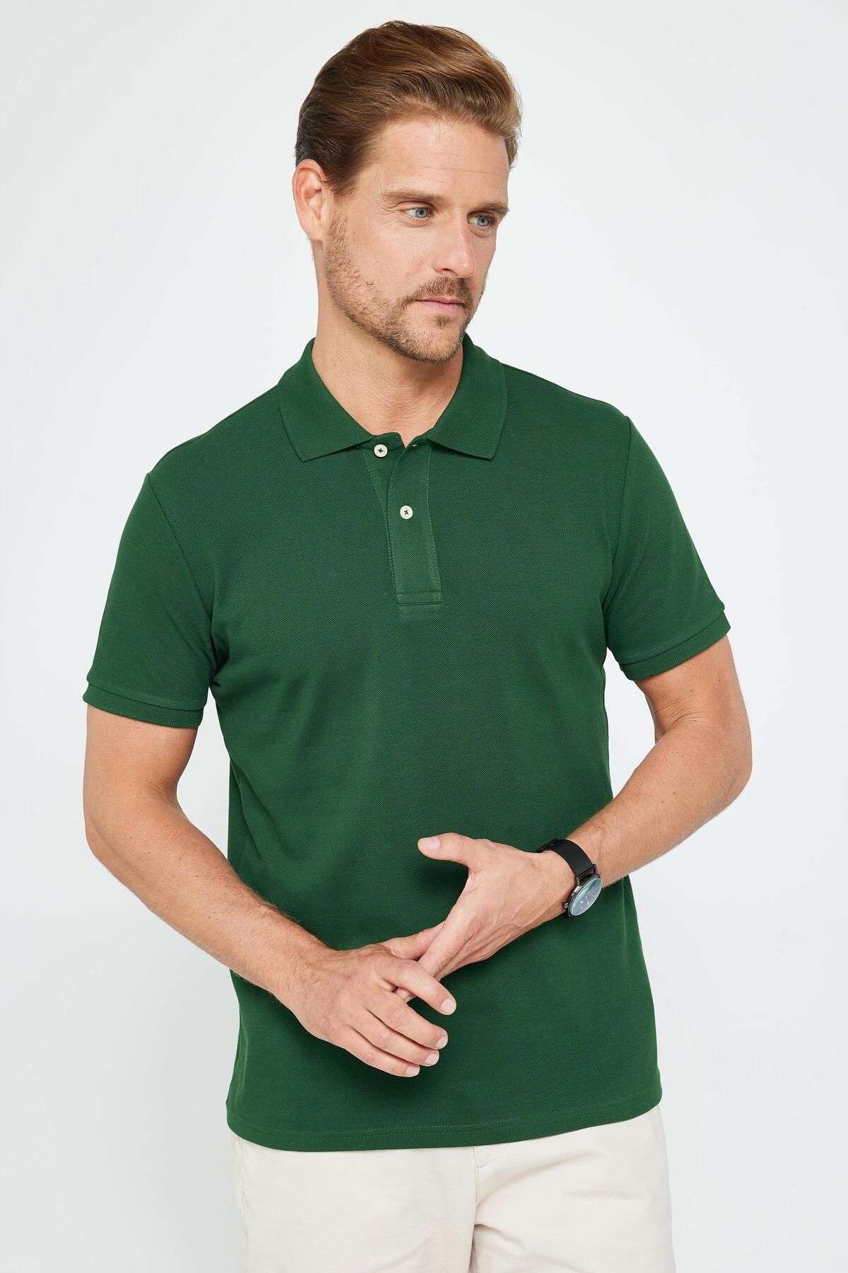 Tudors Erkek Slim Fit Dar Kesim %100 Pamuk Düz Pike Yeşil Polo Yaka Tişört