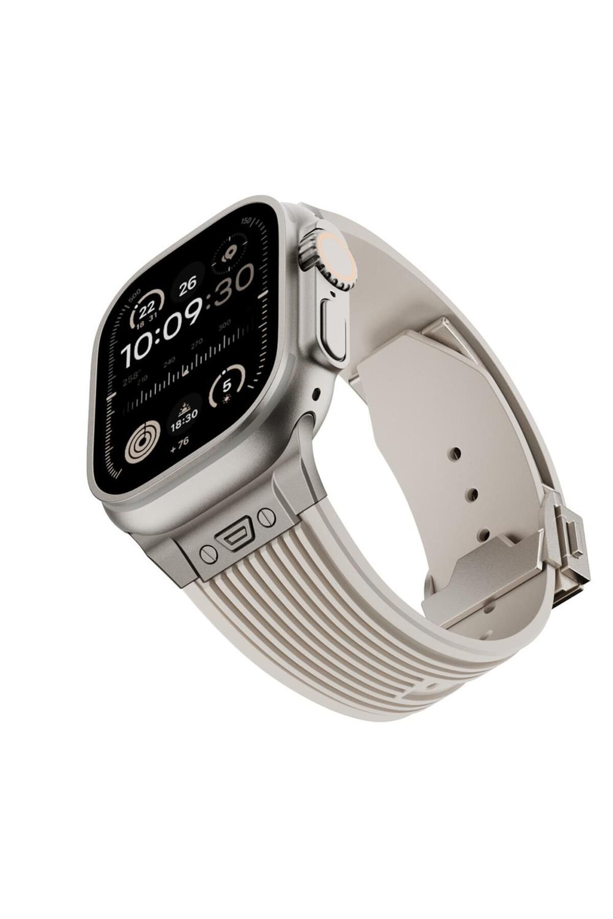 AktarMobile Apple Watch Ultra / Ultra 2 49 mm uyumlu Çelilk Aksamlı Silikon Kordon Luxury Premium Kayış