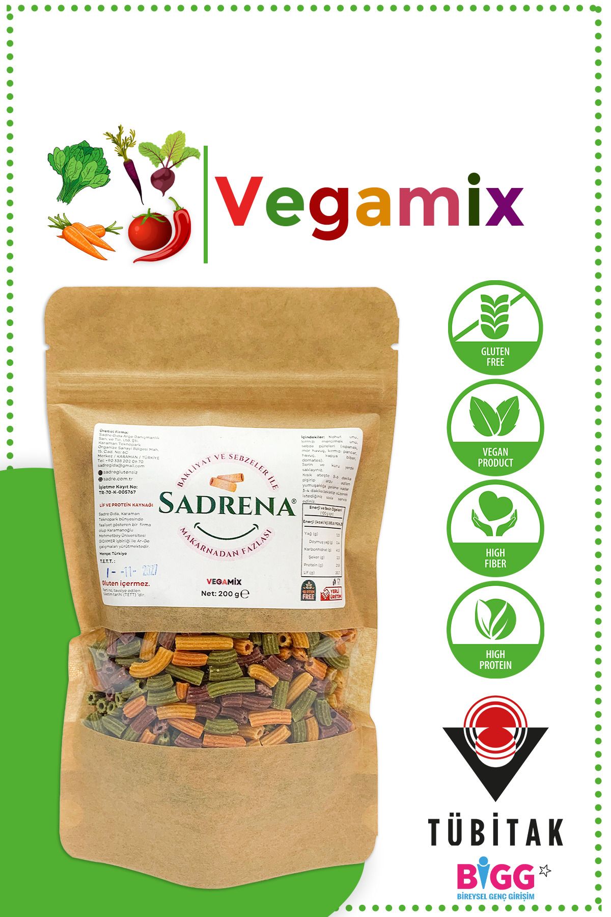 Sadrena Glutensiz & Vegan Yüksek Protein ve Lif İçeren Vegamix Makarna 200gr.