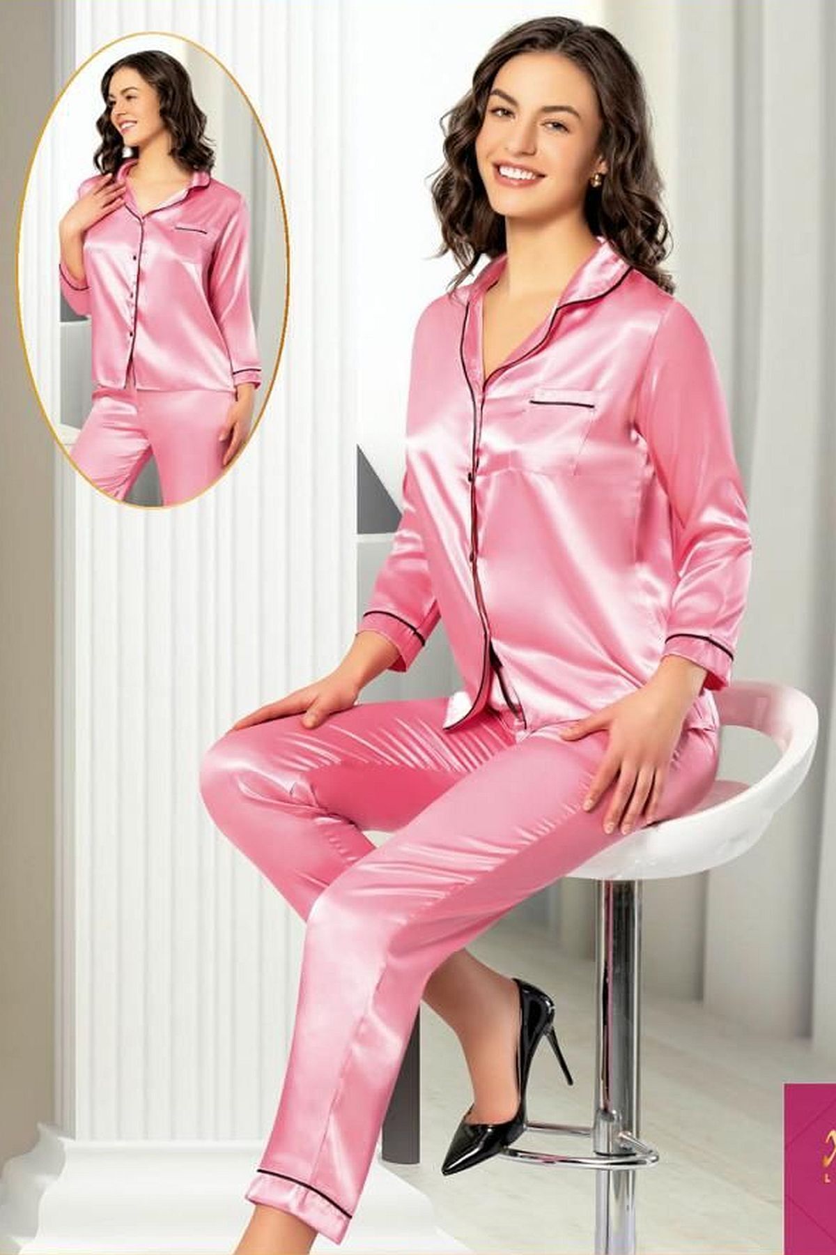 Xses 2105 Kadın Uzun Kollu Saten Pijama Takımı-pembe