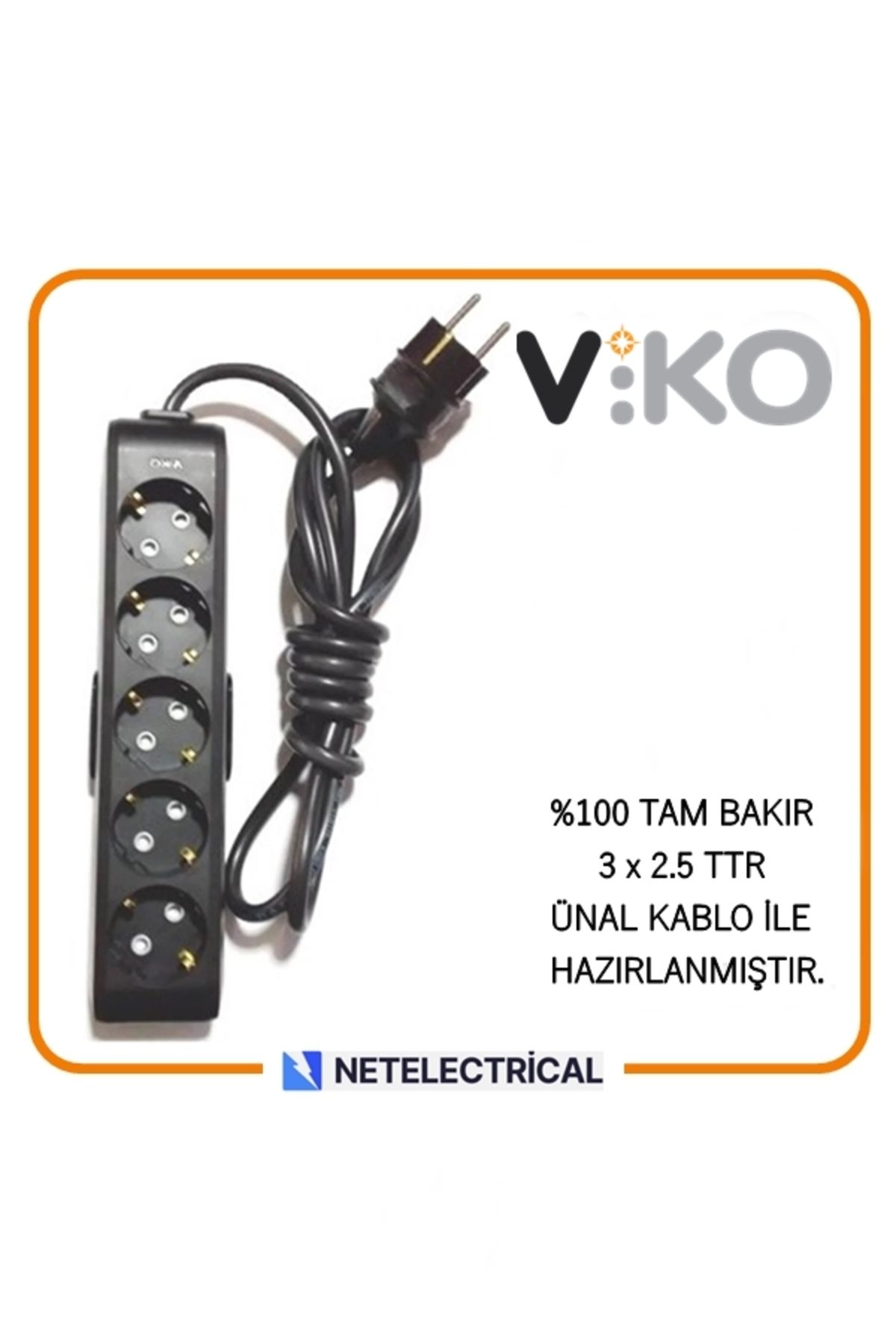 VİKO Multi-let Siyah 5'li 1 Metre Topraklı Çocuk Korumalı Grup Priz (3x2.5 TTR TAM BAKIR KALIN KABLOLU)