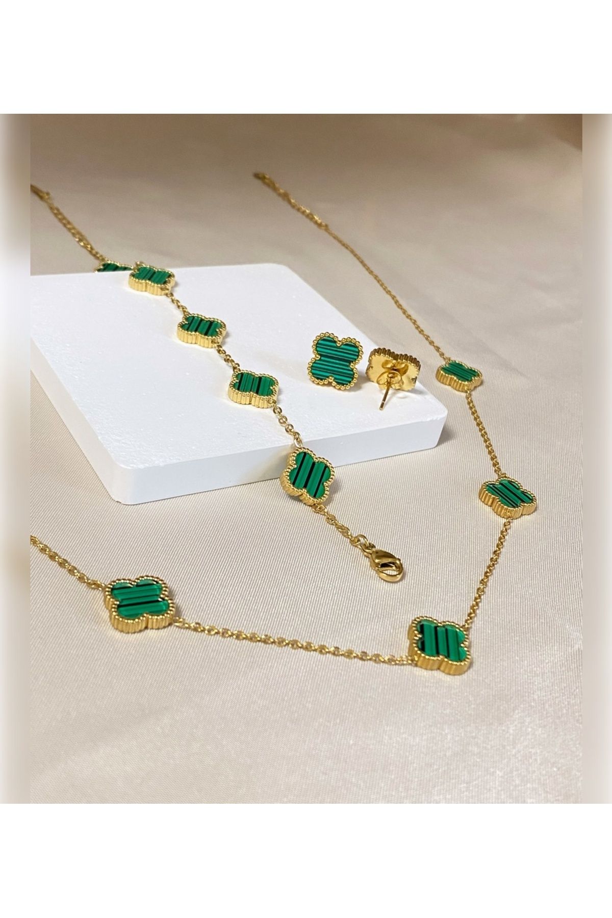 Inure Jewelry Glare Van Cleef Yeşil Yonca Model Kadın Çelik (KOLYE & BİLEKLİK & KÜPE) 3'lü Set