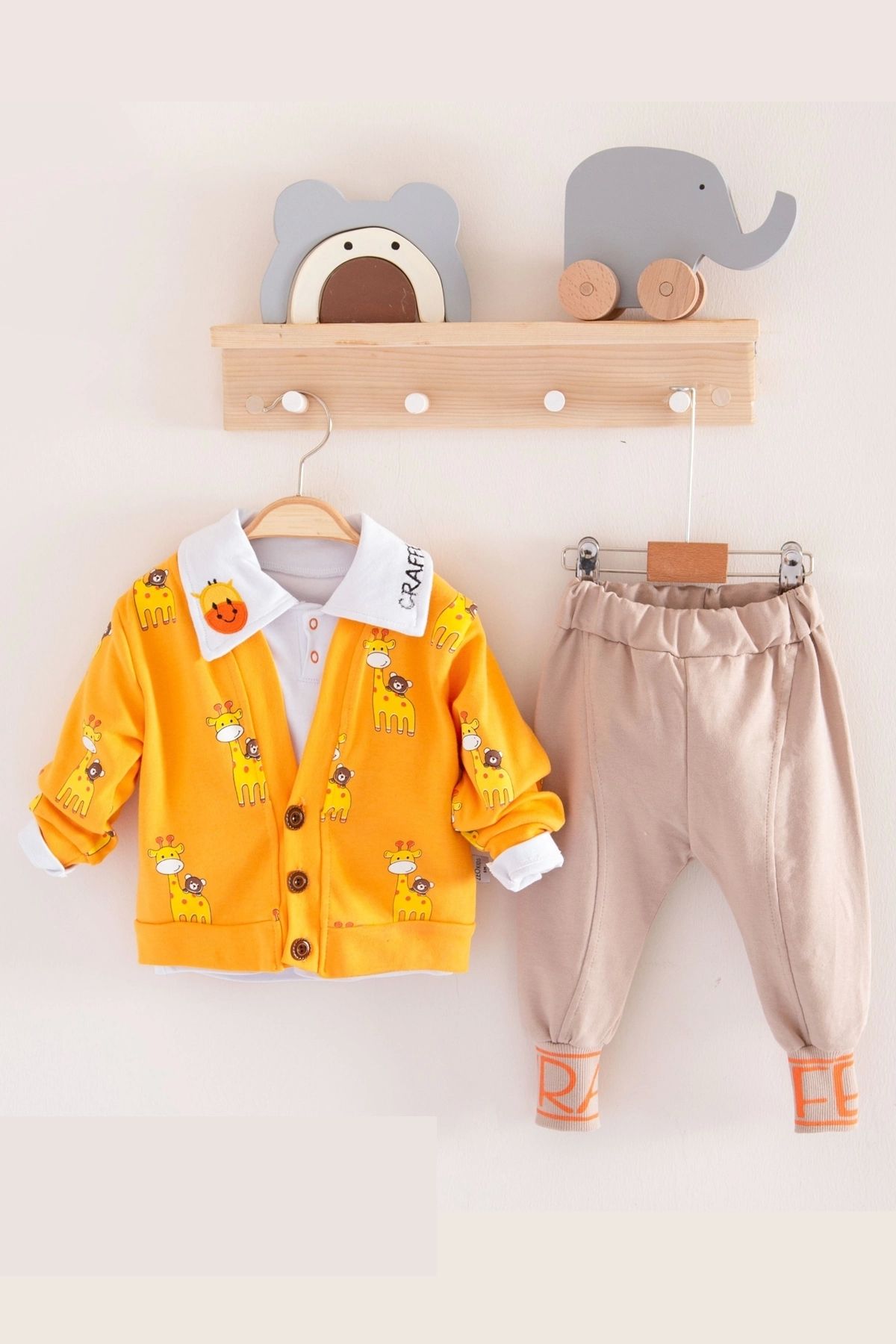 Babydonat Zürafa Desenli Gömlek Yakalı 3'lü Erkek Bebek Takımı