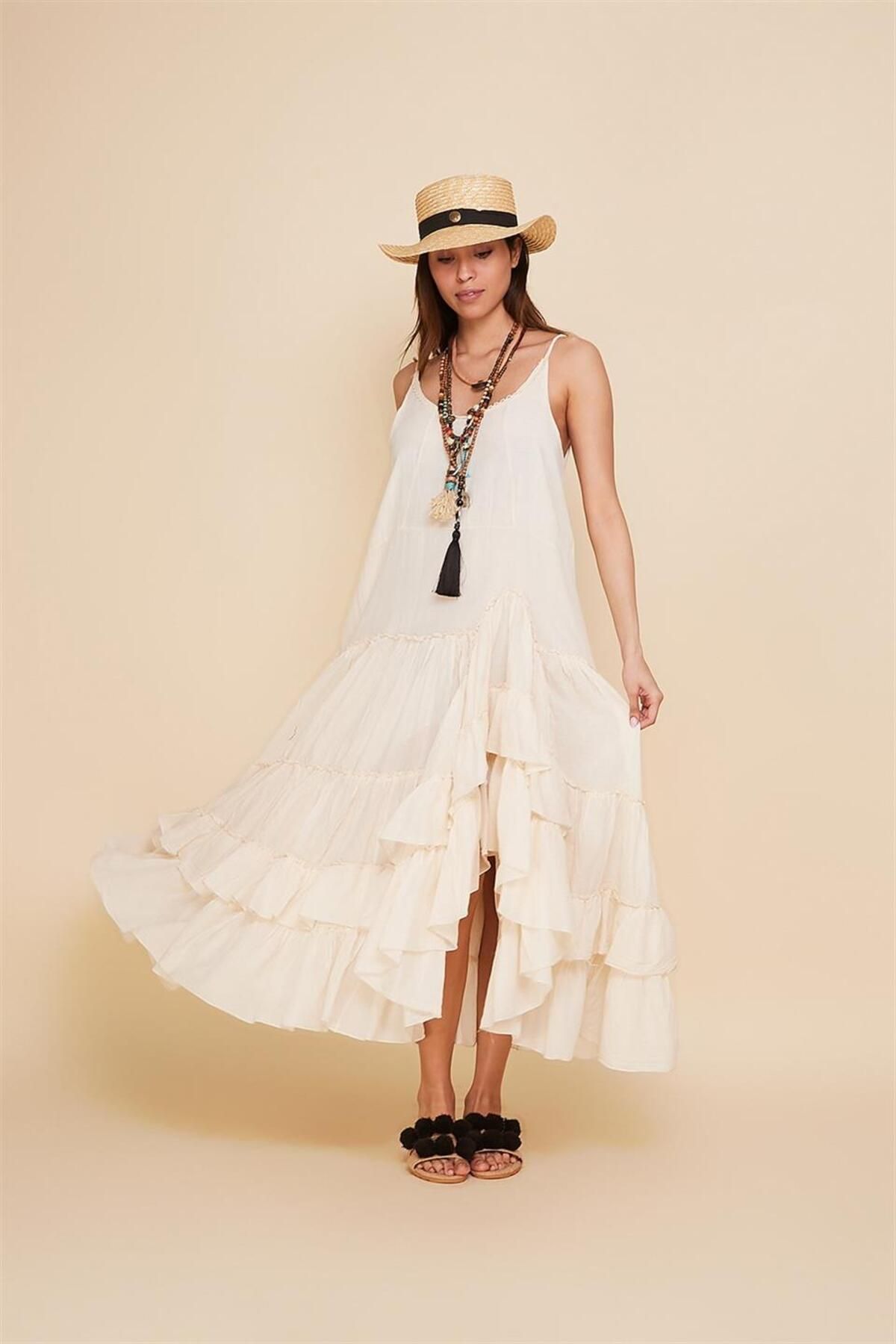 Bohem Stil Özel Tasarım Ham Keten Kadın Etnik Model Carmen Elbise -iç Astar