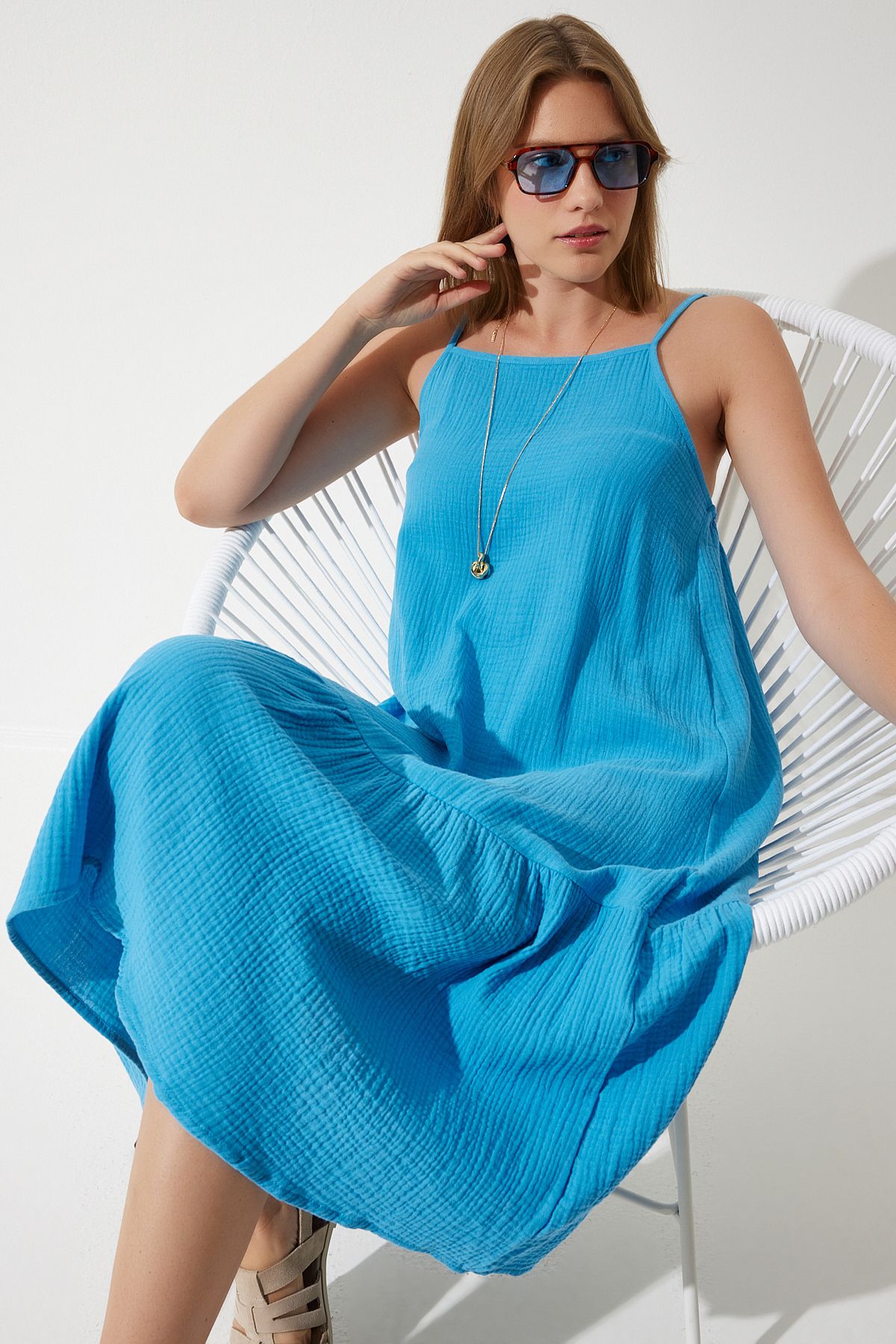 Happiness İstanbul Kadın Mavi Askılı Yazlık Bol Müslin Elbise BP00163