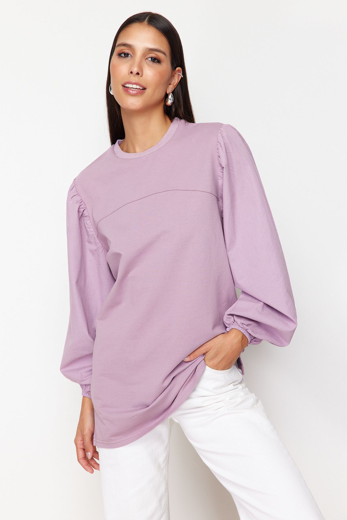 TRENDYOL MODEST Mor Kolu Poplin Örme Sweatshirt TCTSS24UK00041