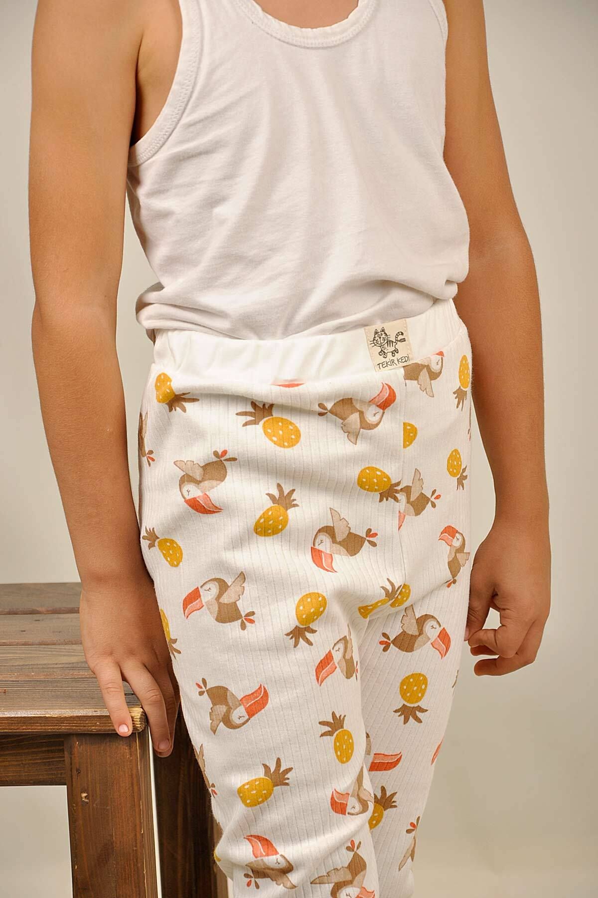 Peki Çocuk 5 Al 4 Öde Mevsimlik Kız Erkek Pamuk Geniş Kalıp Papağan Ananas Baskılı Pijama Pantolonu 14881