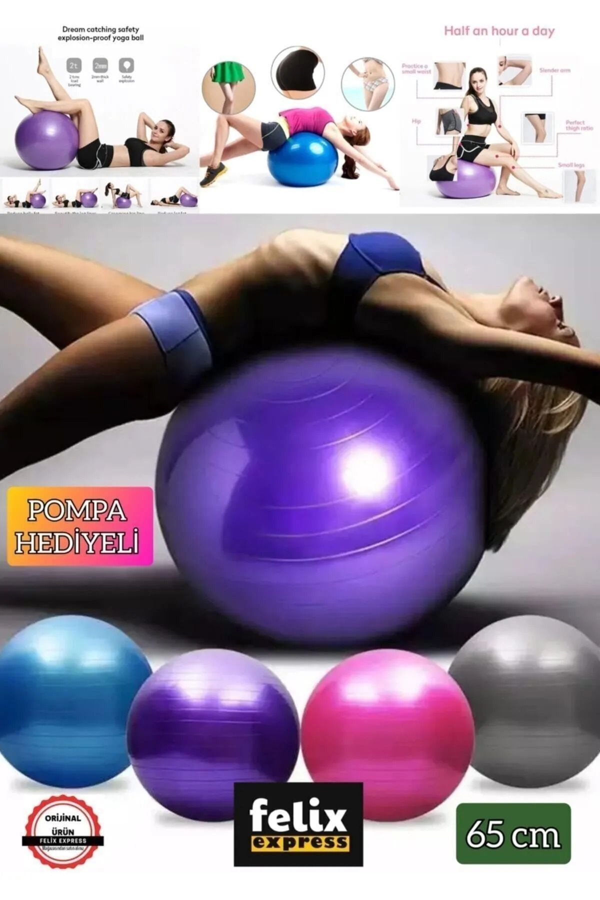 ANI OFİS KIRTASİYE 65 Cm Fitilli Pilates Topu Ve Pompa Seti Plates Denge Yoga Spor Egzersiz Top Jimnastik Fitness Gym