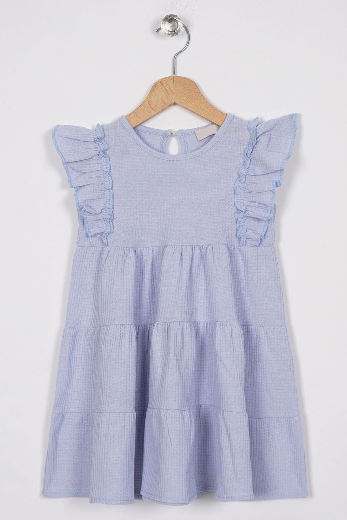 zepkids Kolları Fırfırlı Mavi Renk Kız Çocuk Waffle Elbise