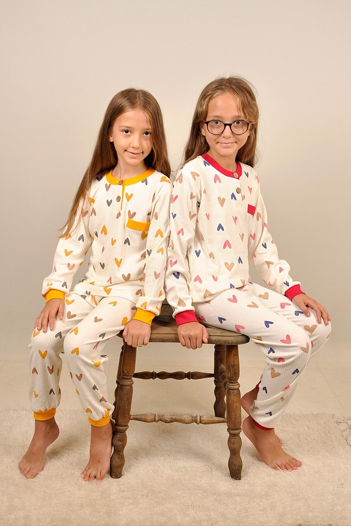 Peki Çocuk 5 Al 4 Öde Pijama Takim Tekir Kedi Terletmeyen Penye Pamuklu Kalp Kalpli Kiz Ahsap Dügme 14966