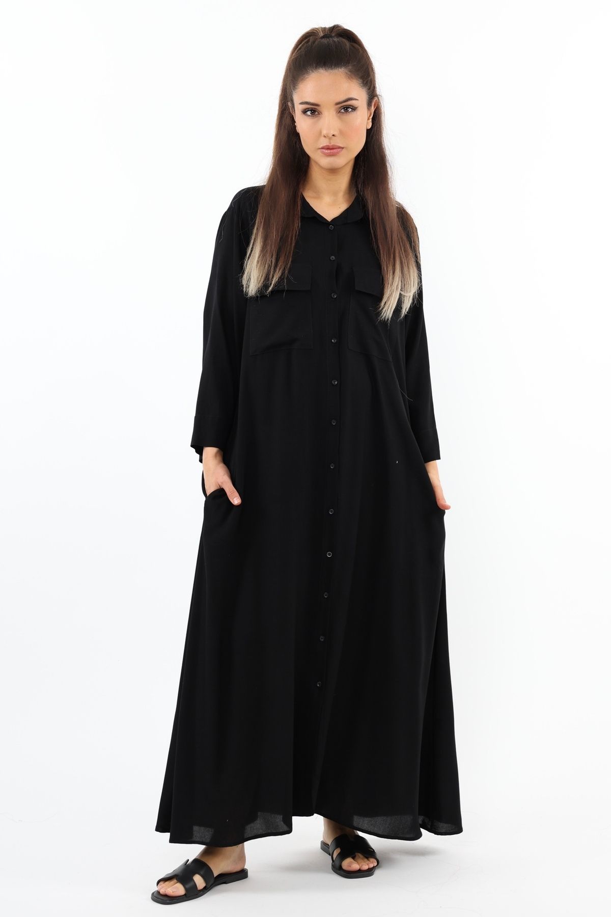 Ritnice Prive Gömlek Yaka %100 Viskon Siyah Uzun Yazlık Elbise