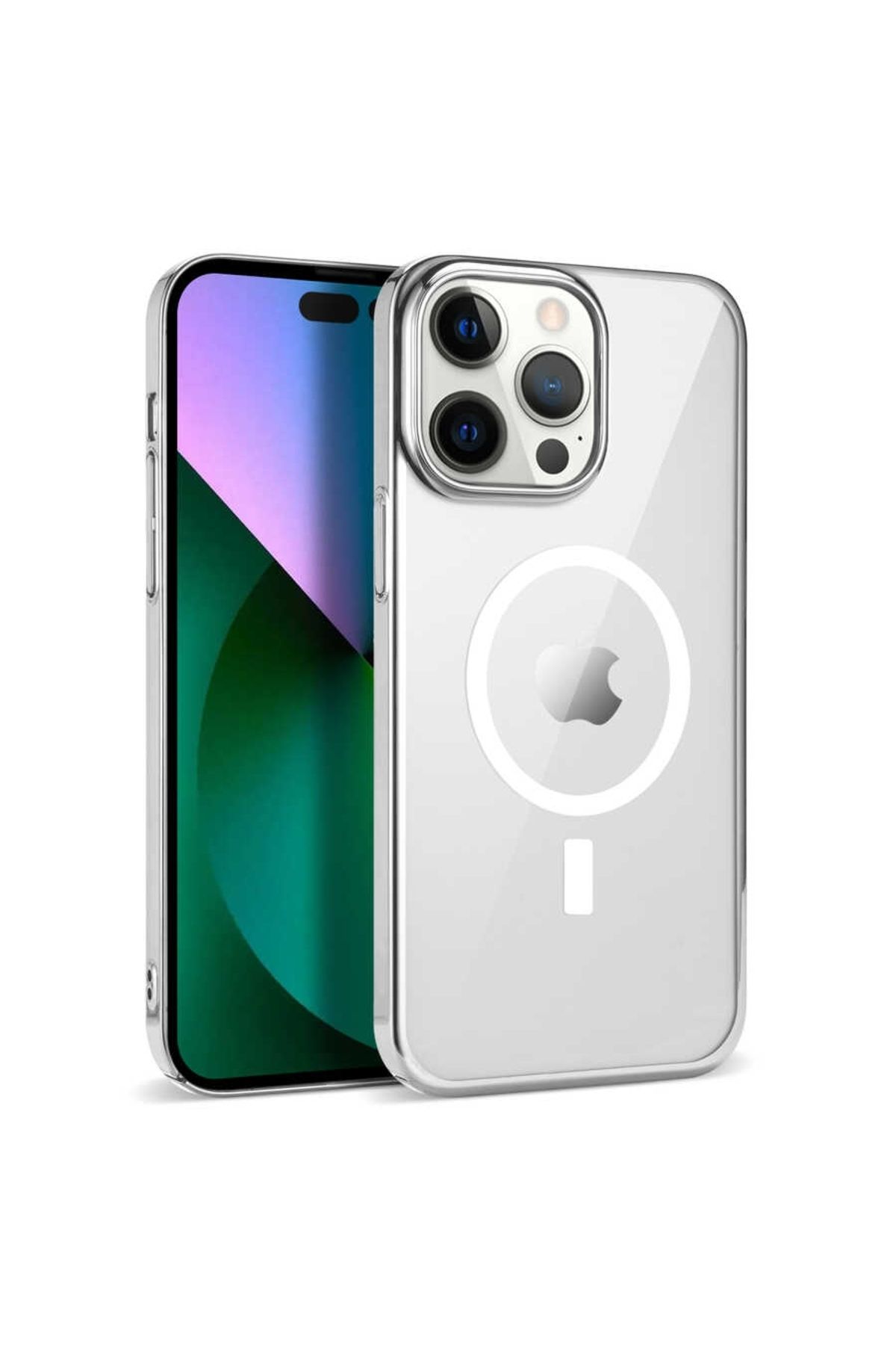 Lopard Apple iPhone 14 Pro Max Magsafe Şeffaf Silikon Kamera Korumalı Renkli Kenarlı Darbe Emici Kapak