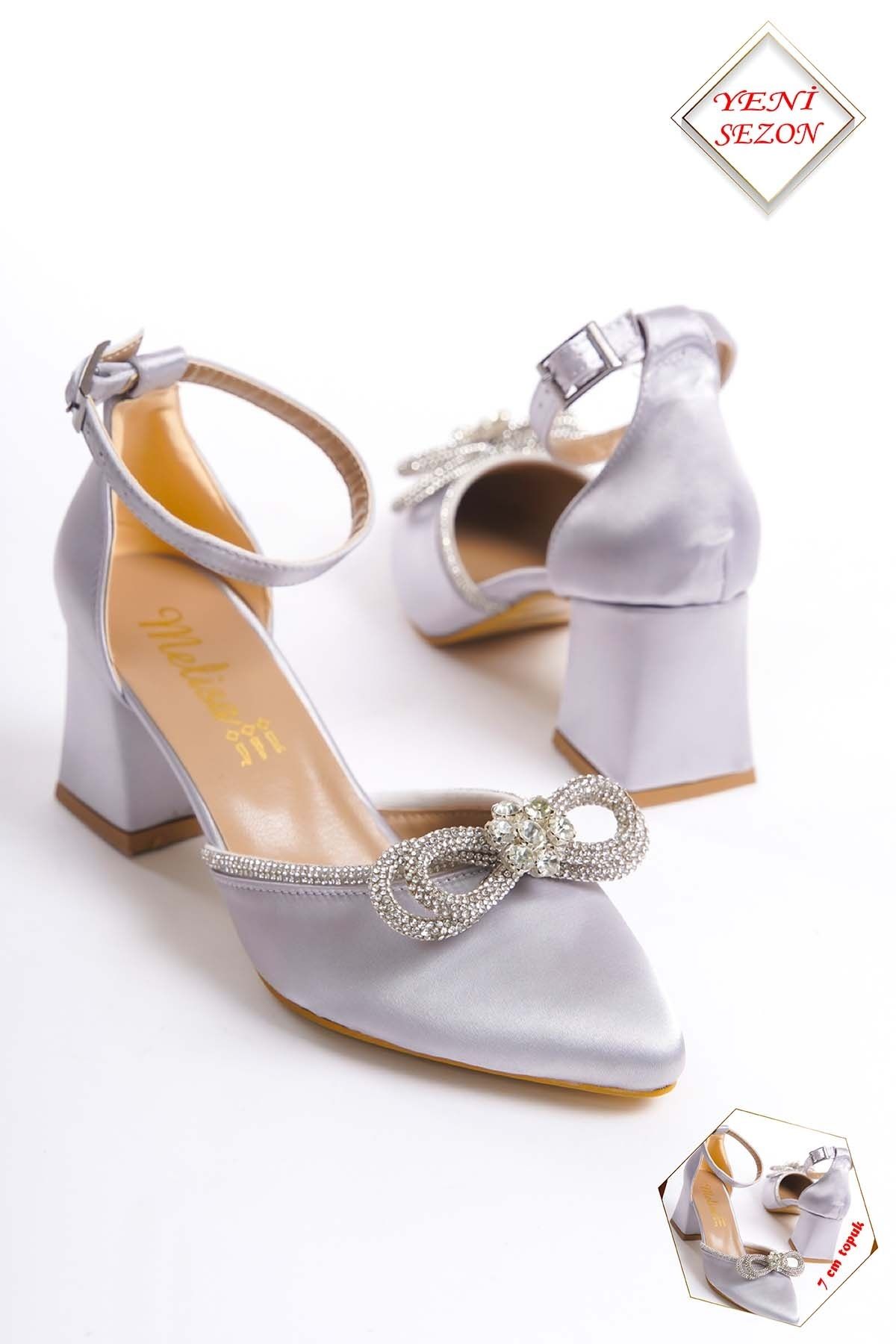 CAMOLLA Fiyonk Taşlı Gri/gümüş Saten Abiye Kadın Topuklu Ayakkabı