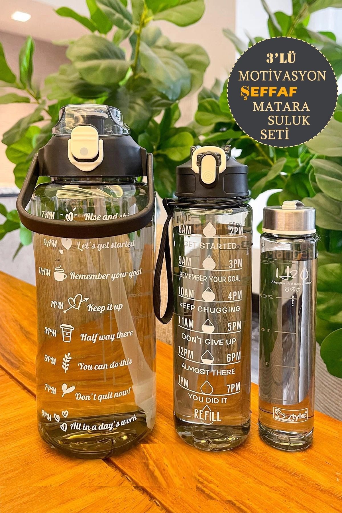 Maridet 3'lü Şeffaf Motivasyonel Su Matarası Su Şişesi Taşınabilir Matara Stickerlı Suluk Seti