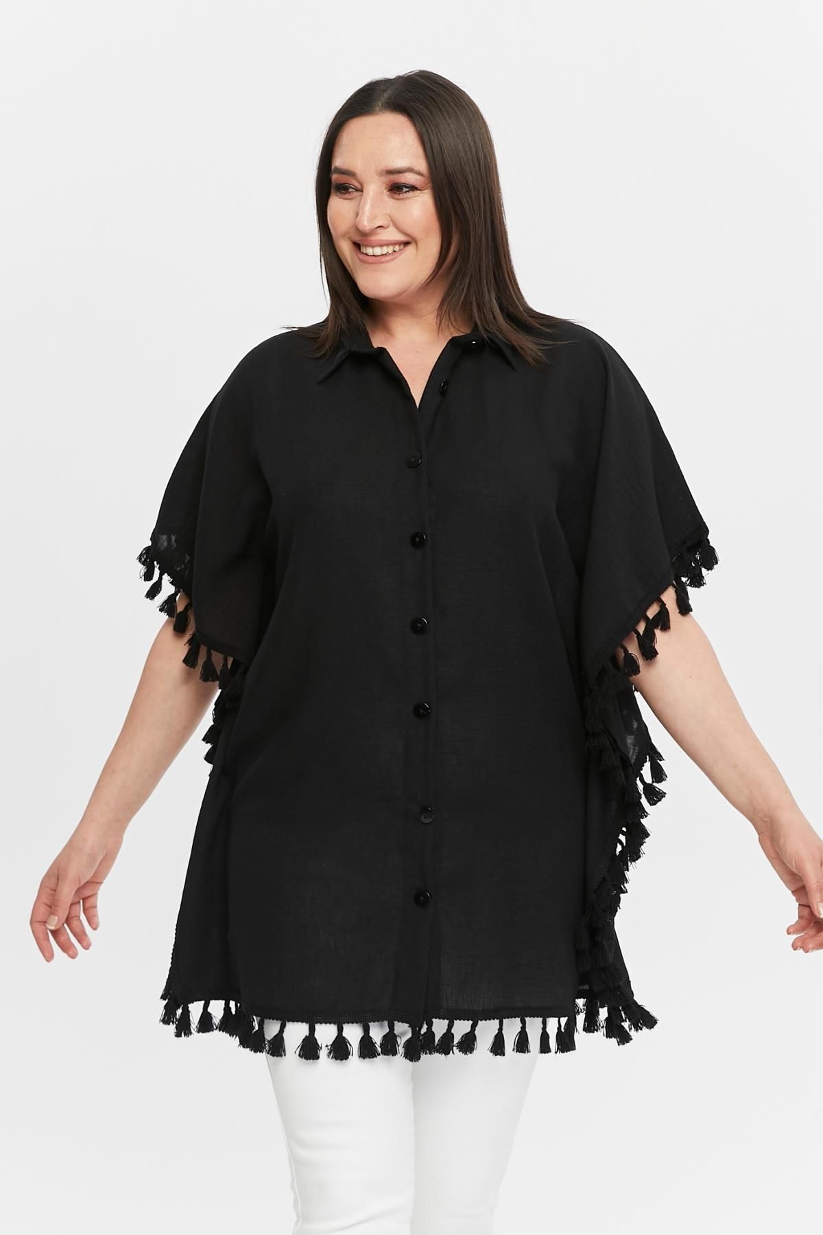 Ebsumu Kadın Büyük Beden Ekstra Rahat Kalıp Püskül Detaylı Siyah Panço & Gömlek