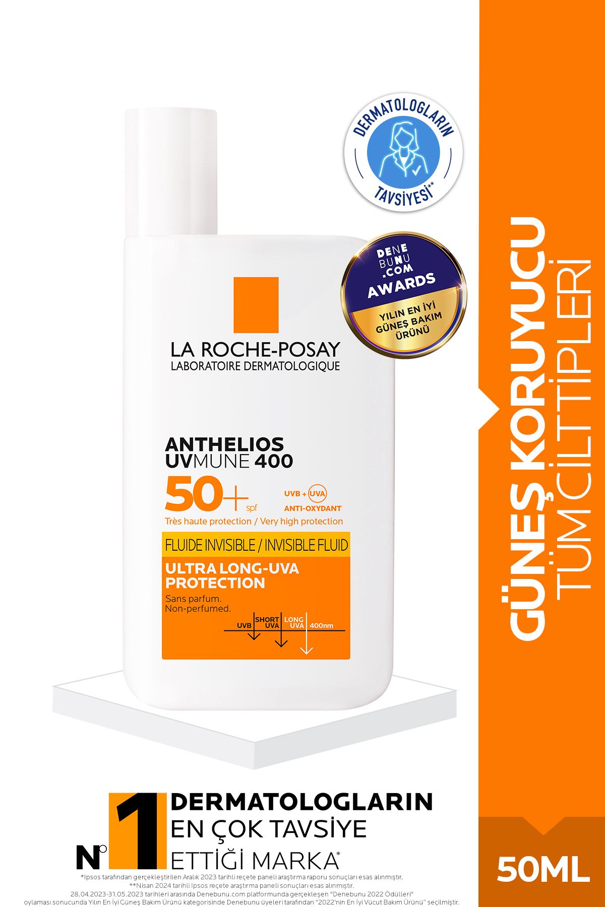 La Roche Posay Anthelios Uvmune400 Invisible Fluid Spf50+Tüm Cilt Tipleri İçin Yüz Güneş Kremi 50 ml