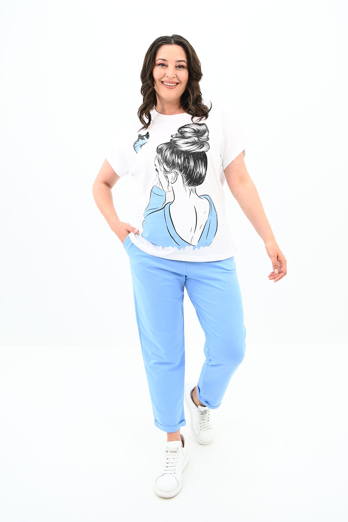 Koza Butik Kadın Büyük Beden Kız Baskılı T-shirt Takım 3800-23